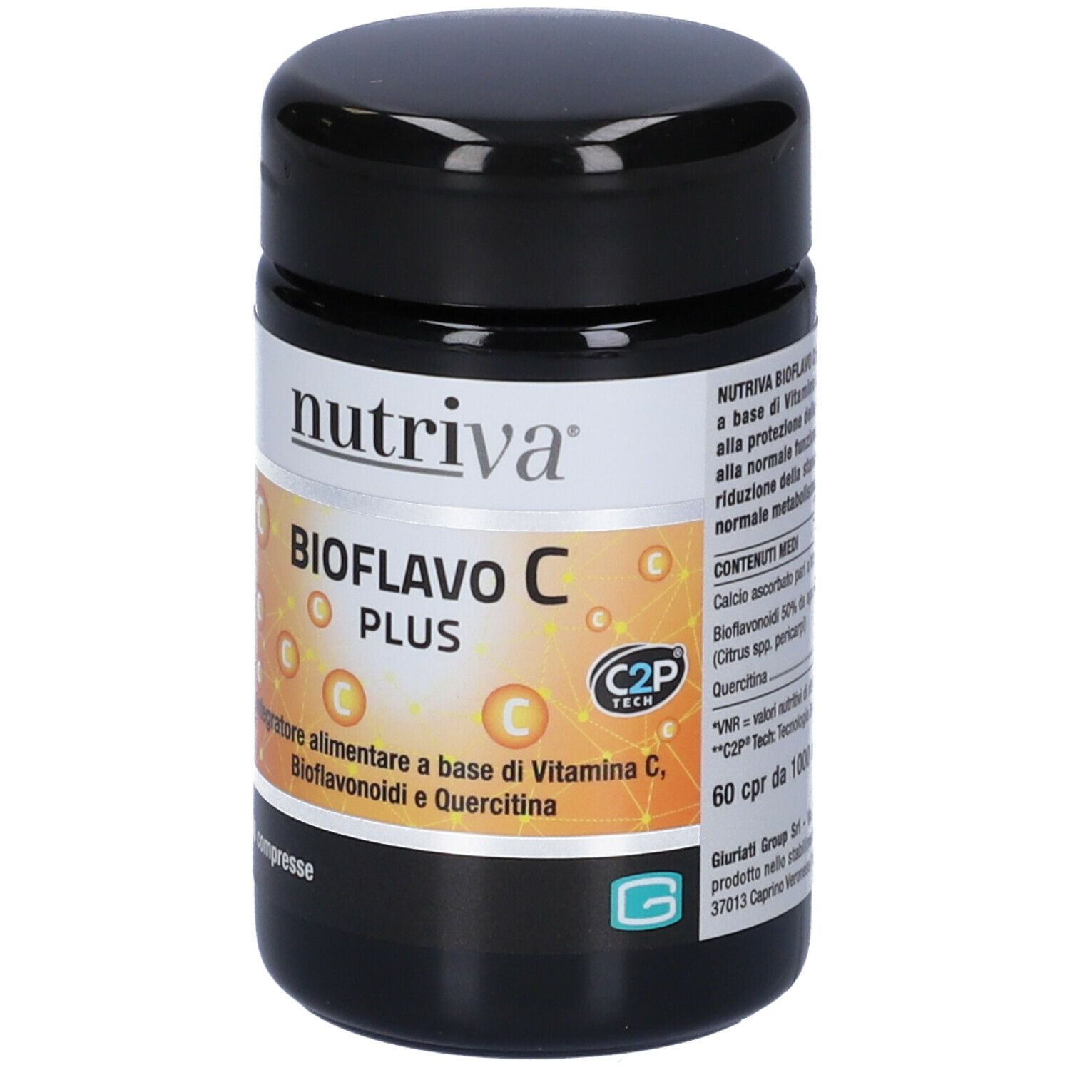 Boîte noire avec étiquette "nutriva Bioflavo C Plus". Contient 60 comprimés. Inscription : "Integratore alimentare".