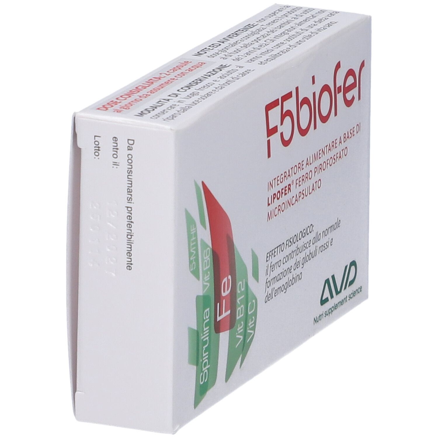 Weiße Schachtel mit rotem und grünem Design. Aufschrift: F5biofer. Enthält Nahrungsergänzungsmittel.