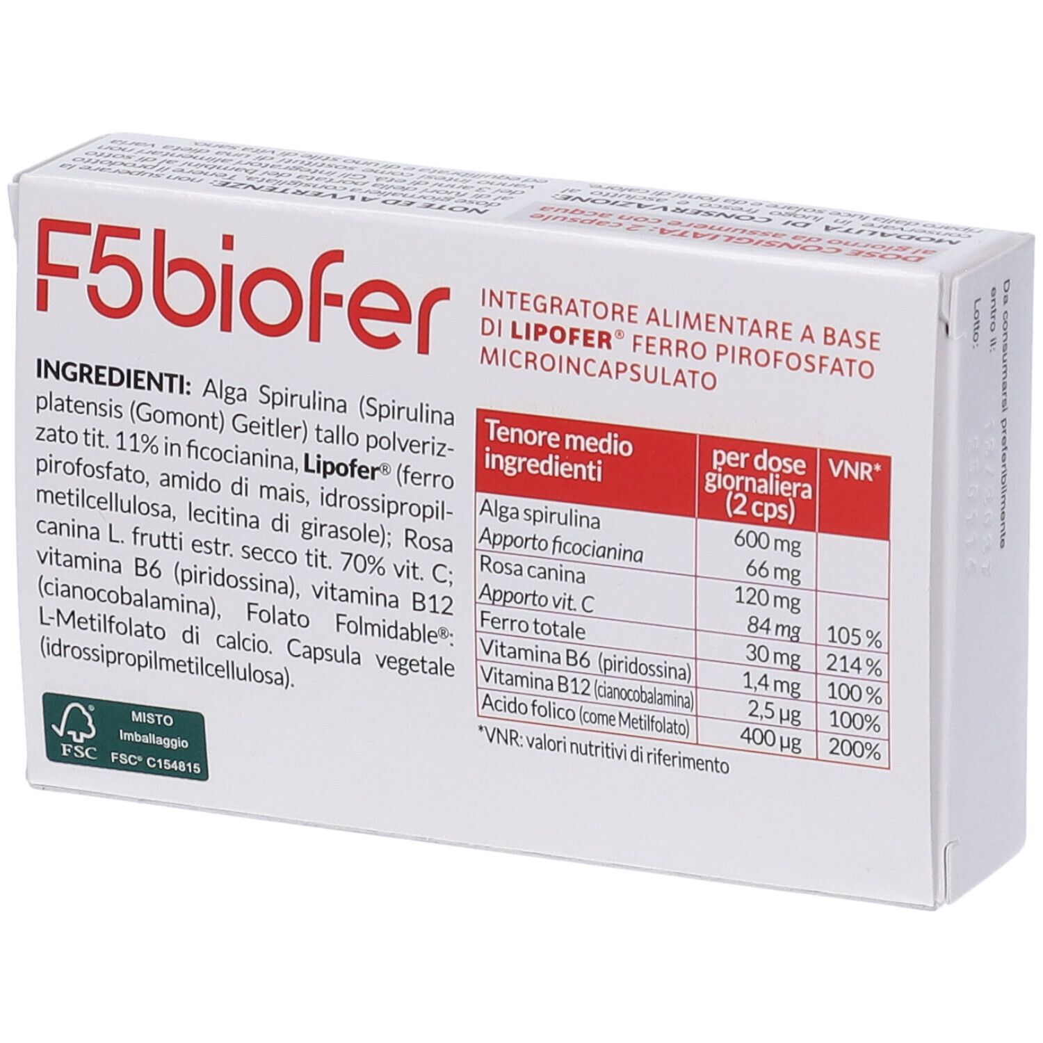 Weiße Schachtel mit Text und Inhaltsangaben. Aufschrift: F5biofer. Enthält Nahrungsergänzungsmittel.