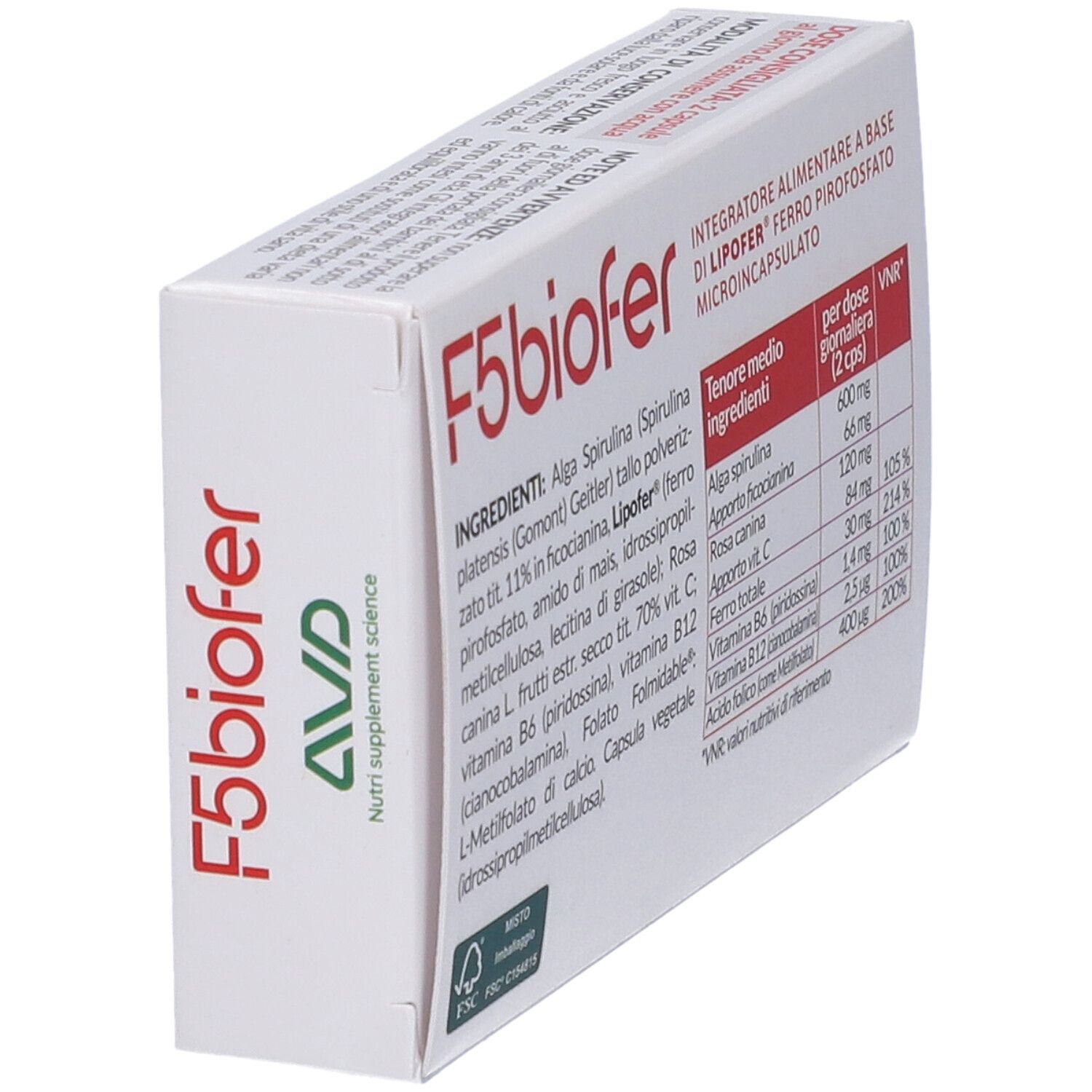 Weiße Schachtel mit Text und Inhaltsangaben. Aufschrift: F5biofer. Enthält Nahrungsergänzungsmittel.