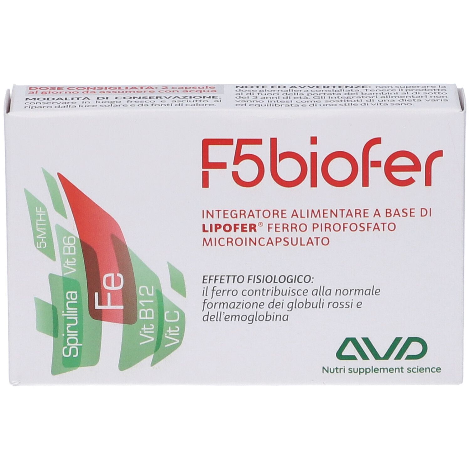 Weiße Schachtel mit rotem und grünem Design. Aufschrift: F5biofer. Enthält Nahrungsergänzungsmittel.