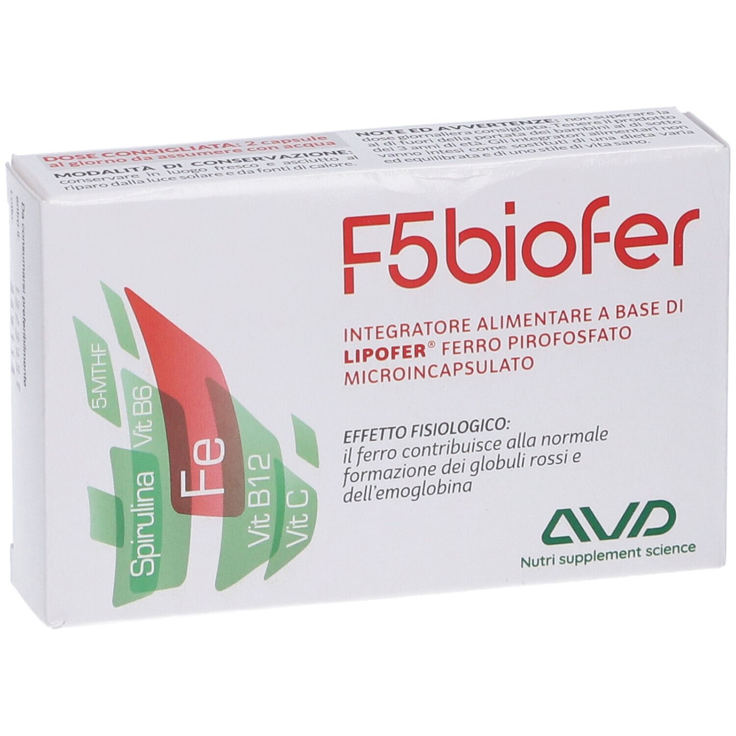 Weiße Schachtel mit rotem und grünem Design. Aufschrift: F5biofer. Enthält Nahrungsergänzungsmittel.