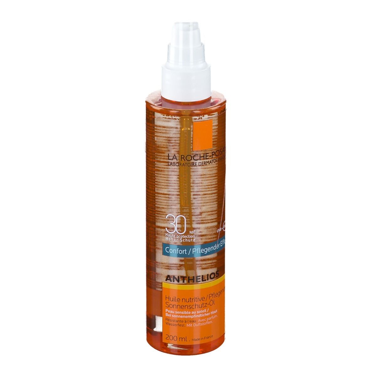 LA ROCHE-POSAY Anthelios SPF 30 Pflegeöl. Transparente Flasche mit Sprühkopf. Orangefarbene Flüssigkeit. Produktbeschriftung sichtbar.
