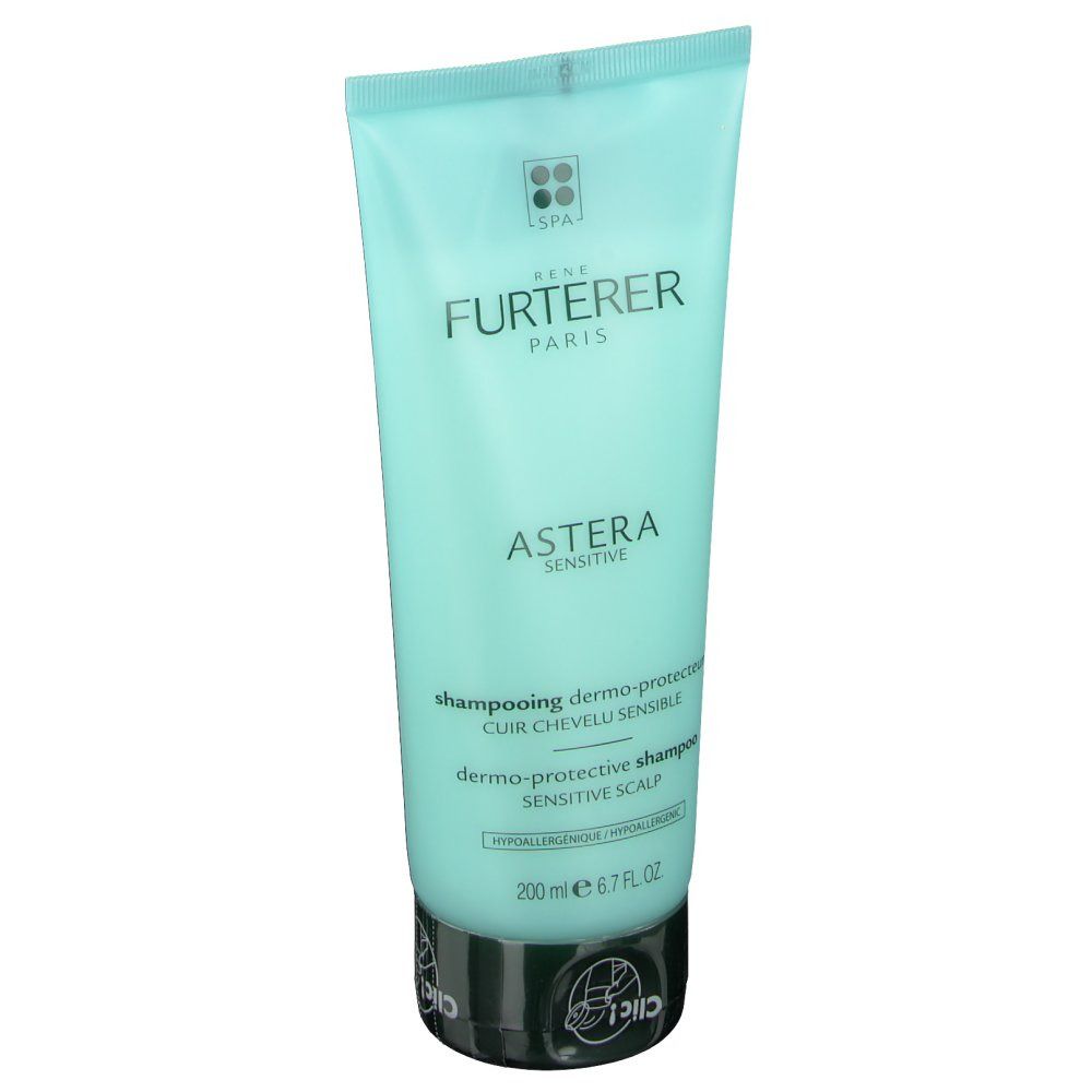 Tube de shampooing bleu clair. Marque, logo et nom du produit. Bouchon noir. Indication de volume.