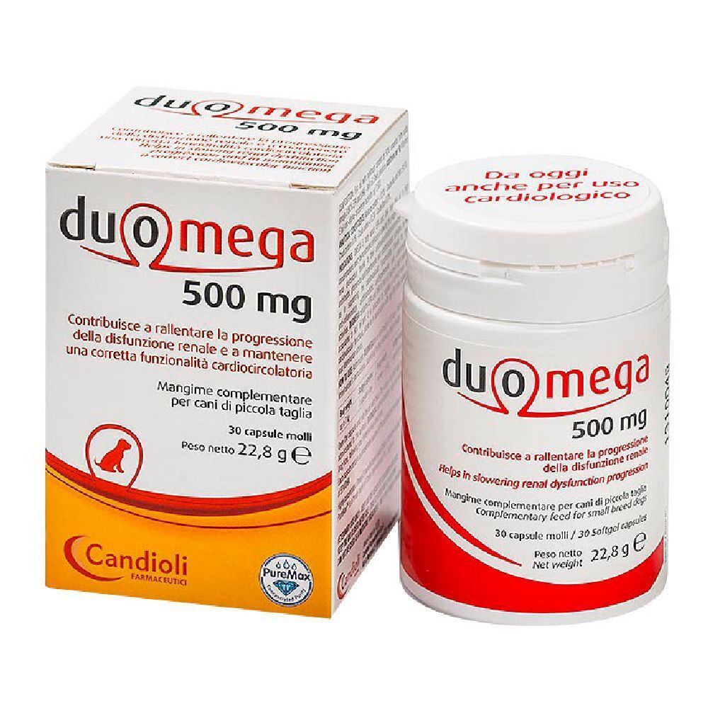 Duo Omega 500 mg Kapseln und Verpackung. Enthält 30 Kapseln. Marke: Candioli.