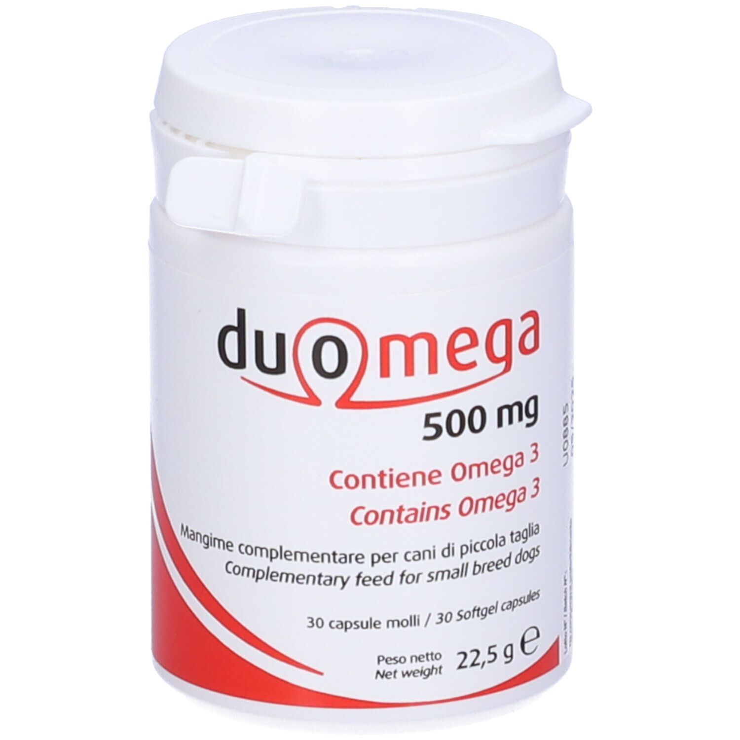 Weißes Fläschchen mit Duo Omega 500 mg. Enthält Omega 3. 30 Kapseln. Marke Candioli.