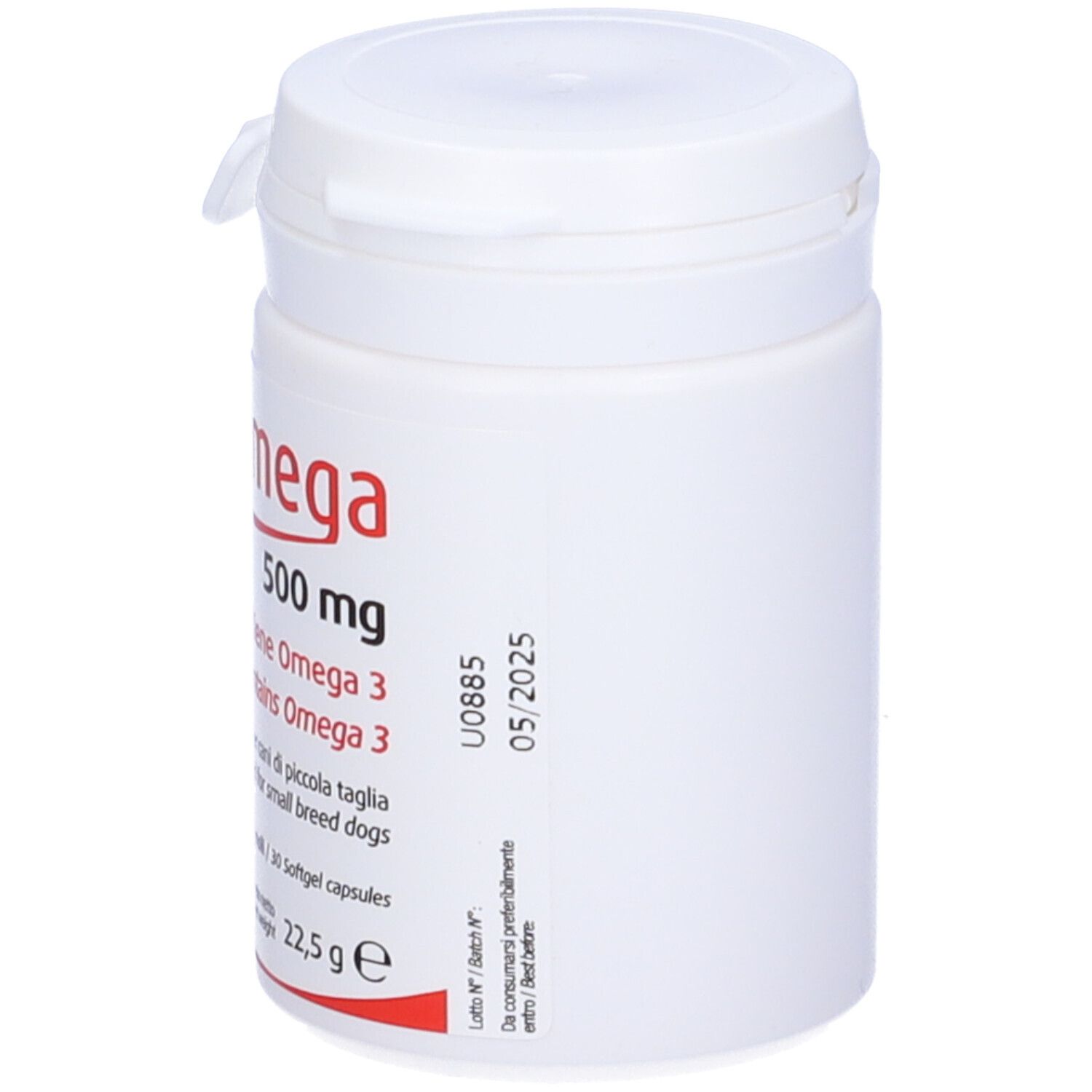 Weißes Fläschchen mit Duo Omega 500 mg. Enthält Omega 3. Verfallsdatum 05/2025.