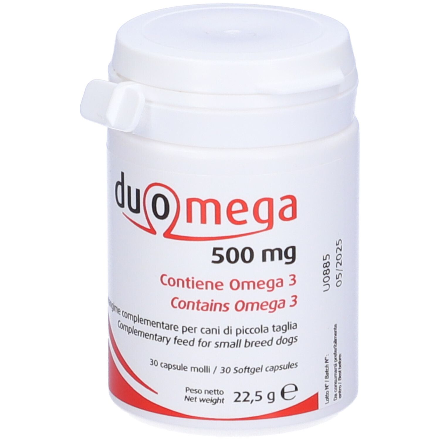 Weißes Fläschchen mit Duo Omega 500 mg. Enthält Omega 3. 30 Kapseln. Marke Candioli.