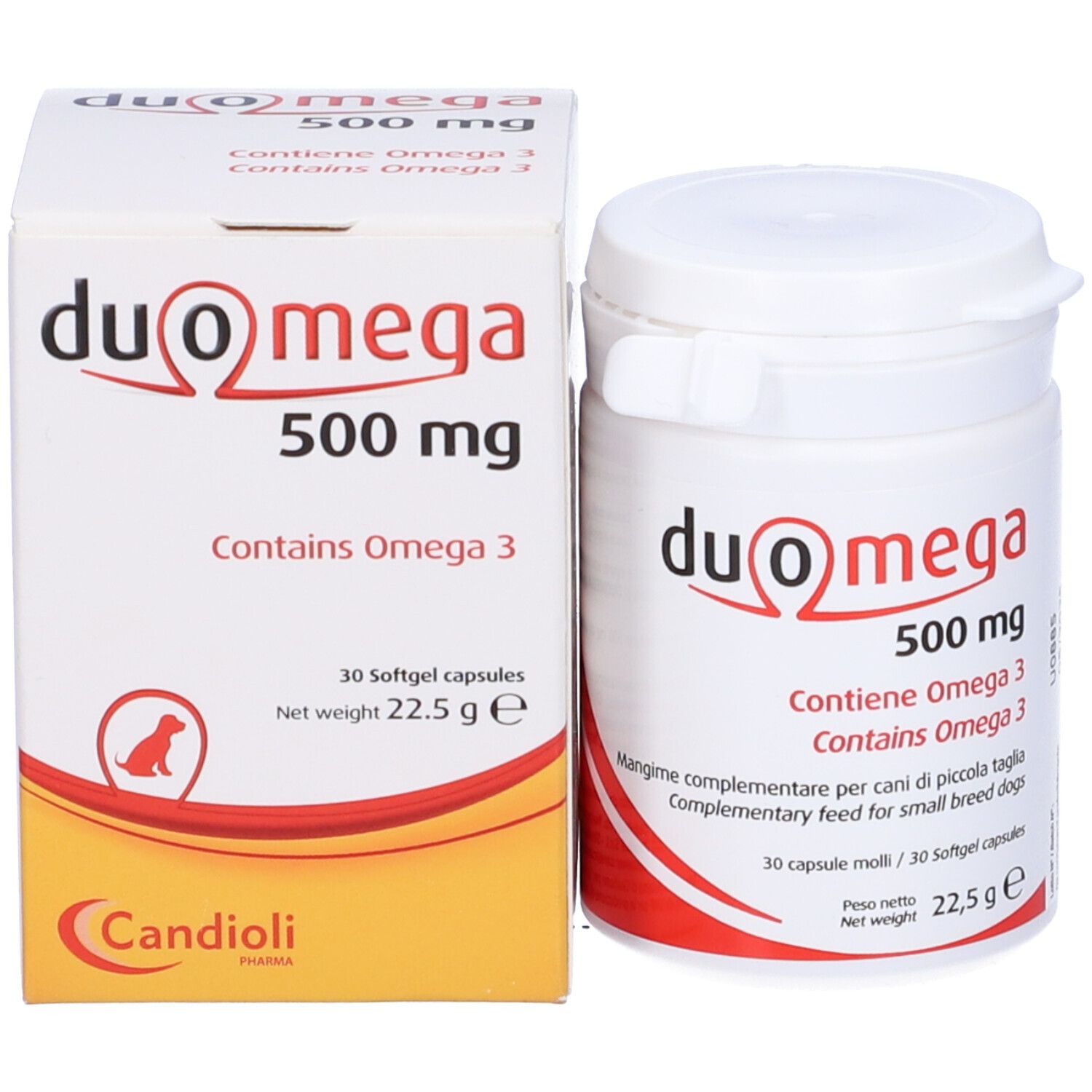 Duo Omega 500 mg Fläschchen und Verpackung. Enthält Omega 3. 30 Kapseln. Marke Candioli.
