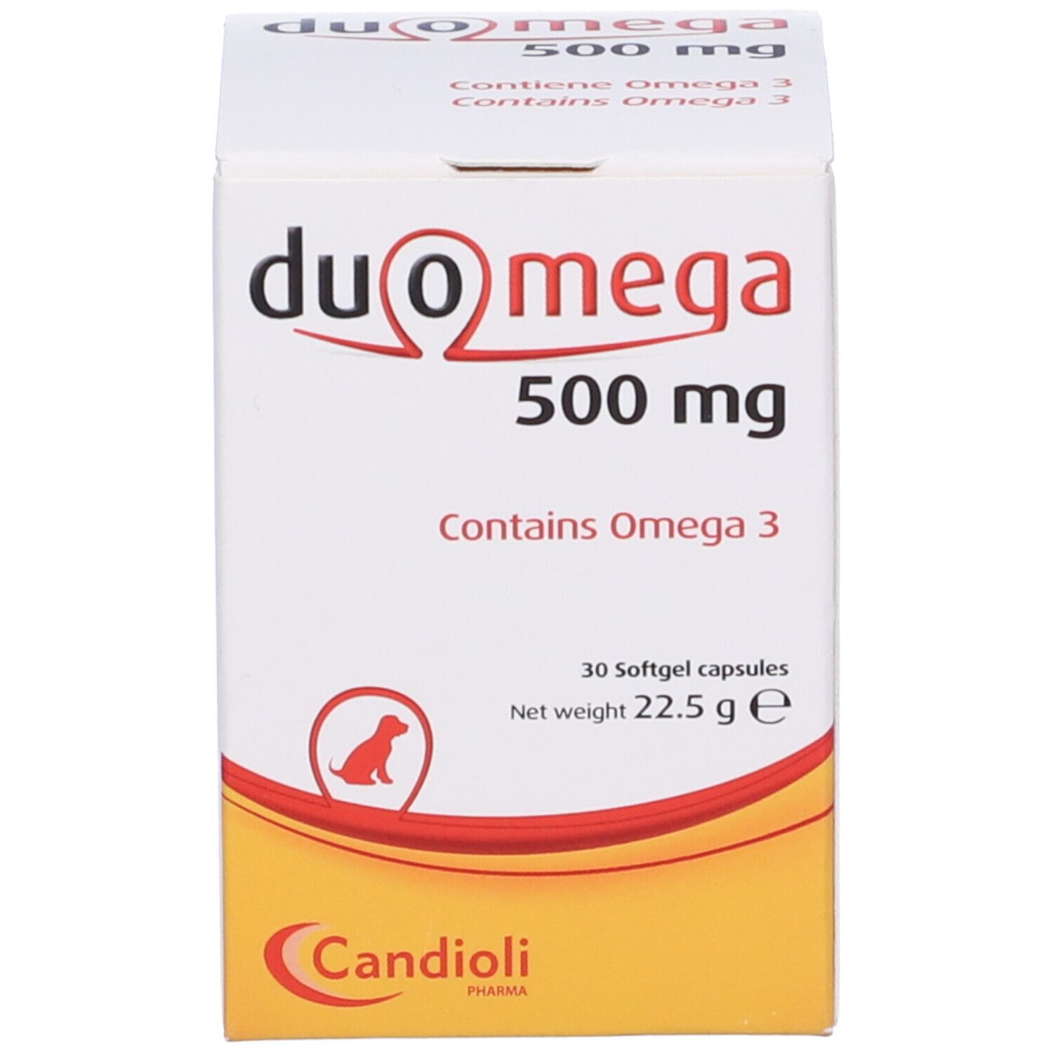 Verpackung von Duo Omega 500 mg. Enthält Omega 3. 30 Kapseln. Marke Candioli.