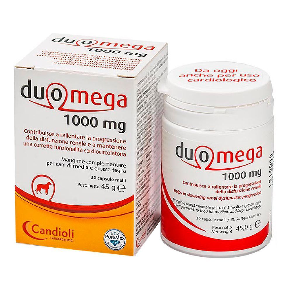 Duo Omega 1000 mg, Kapseln und Verpackung. Marke: Candioli. Für Hunde mittlerer und großer Rassen. 30 Kapseln.