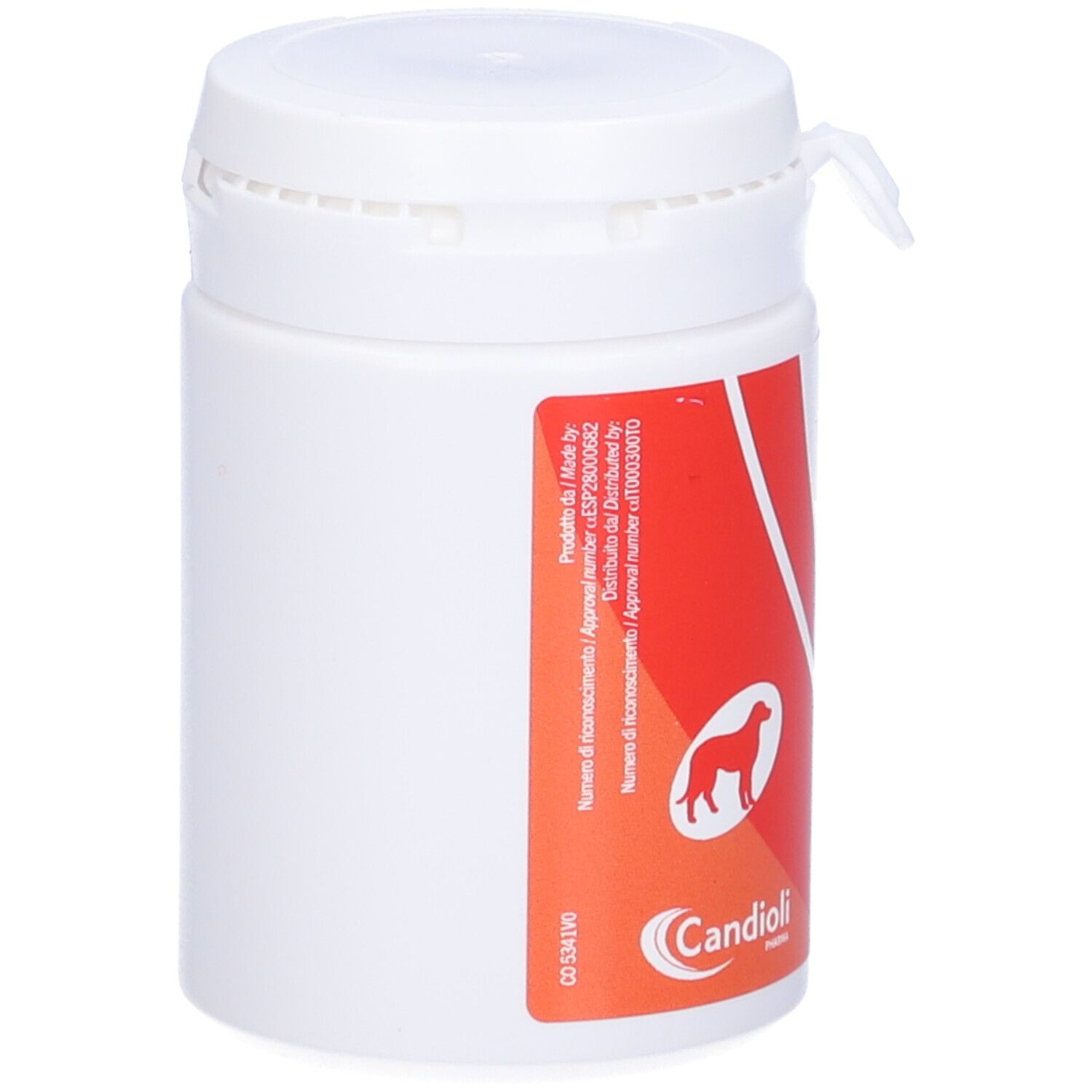 Weiße Flasche mit rotem Streifen. Logo und Marke Candioli. Für Hunde. Drehverschluss. Produktinformationen.