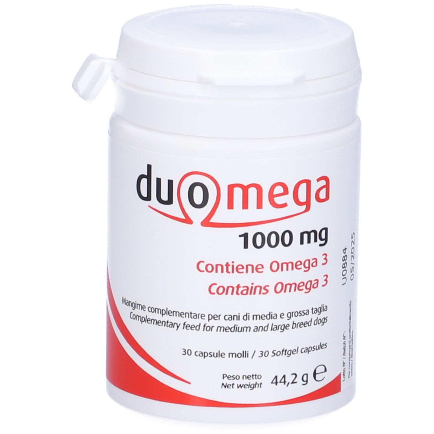 Weiße Flasche Duo Omega 1000 mg. Enthält Omega 3. Für Hunde. 30 Kapseln. Drehverschluss. Marke Candioli.
