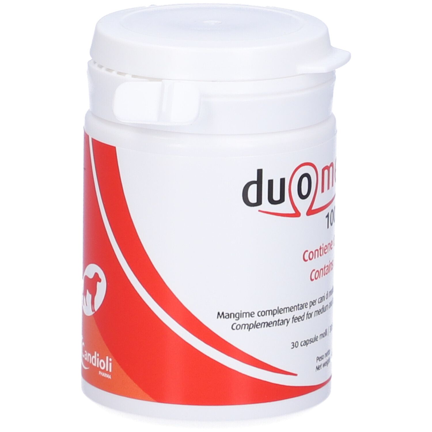 Weiße Flasche Duo Omega 1000 mg. Enthält Omega 3. Für Hunde. 30 Kapseln. Drehverschluss. Marke Candioli.
