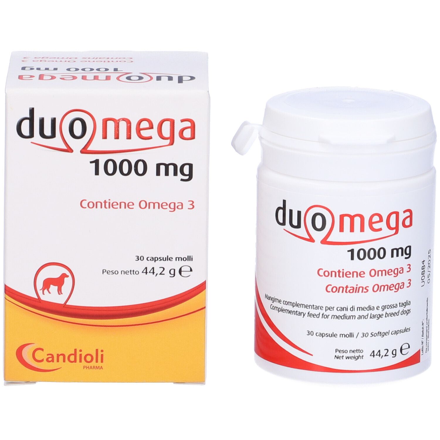 Duo Omega 1000 mg, Kapseln und Flasche. Enthält Omega 3. Für Hunde. 30 Kapseln. Marke Candioli.