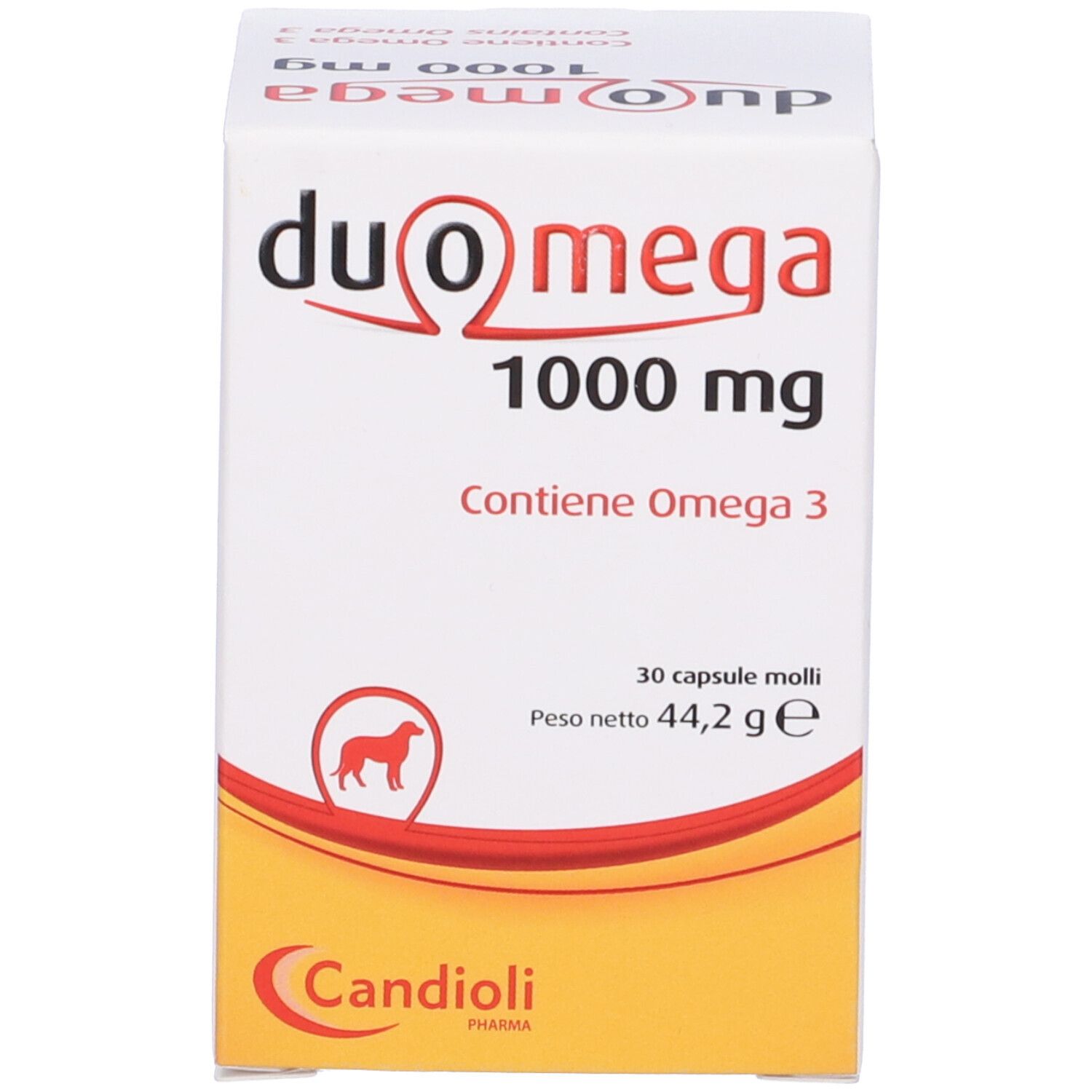 Duo Omega 1000 mg, Verpackung. Enthält Omega 3. Für Hunde. 30 Kapseln. Marke Candioli.