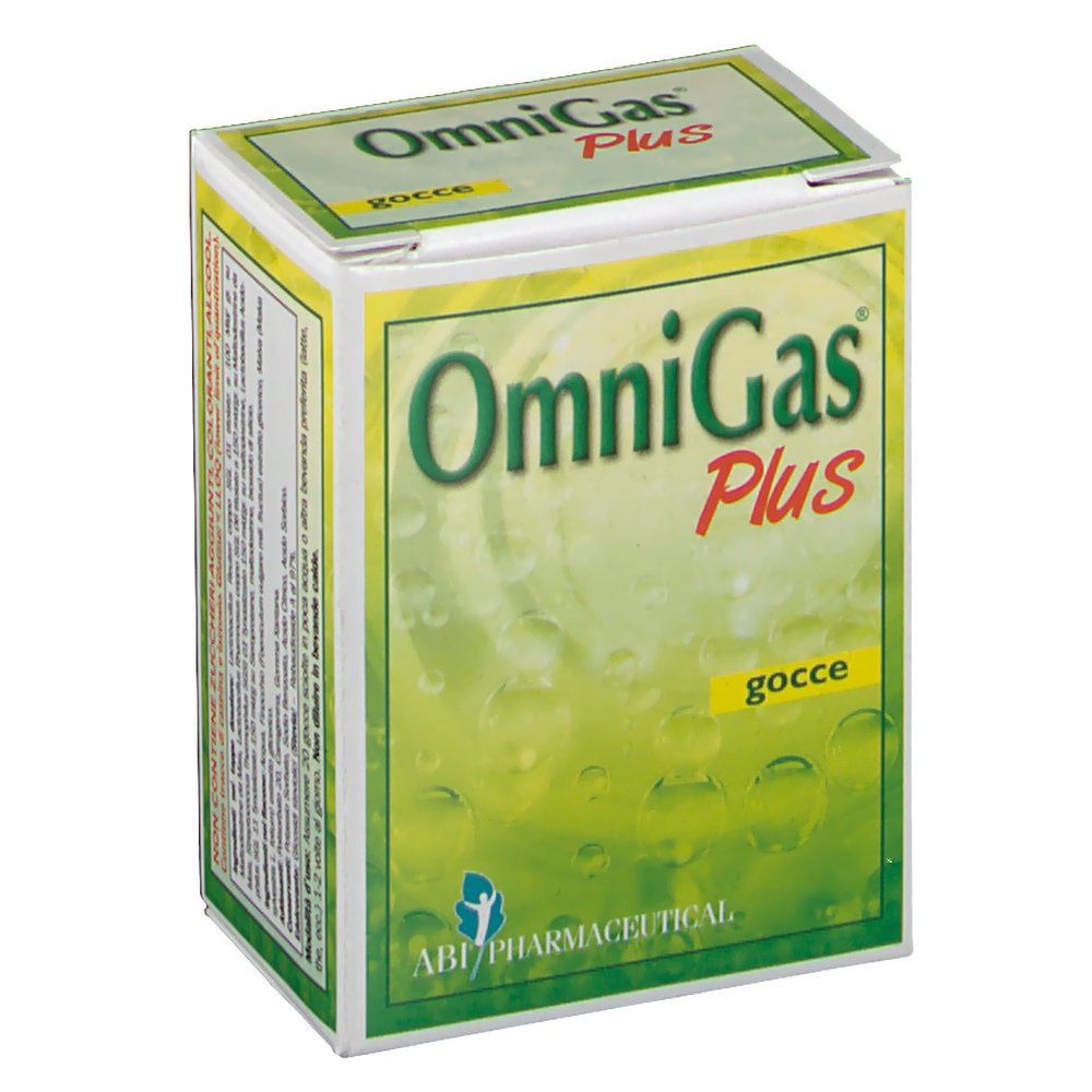 OmniGas Plus Gocce-Verpackung. Grün-weiße Schachtel mit Produktnamen und Logo. ABI Pharmaceutical-Logo unten.