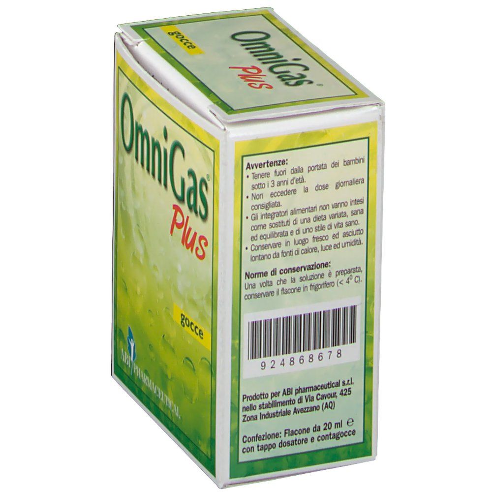 Rückseite der OmniGas Plus Gocce-Verpackung. Text mit Warnhinweisen und Inhaltsangaben. Barcode und Herstellerinformationen.
