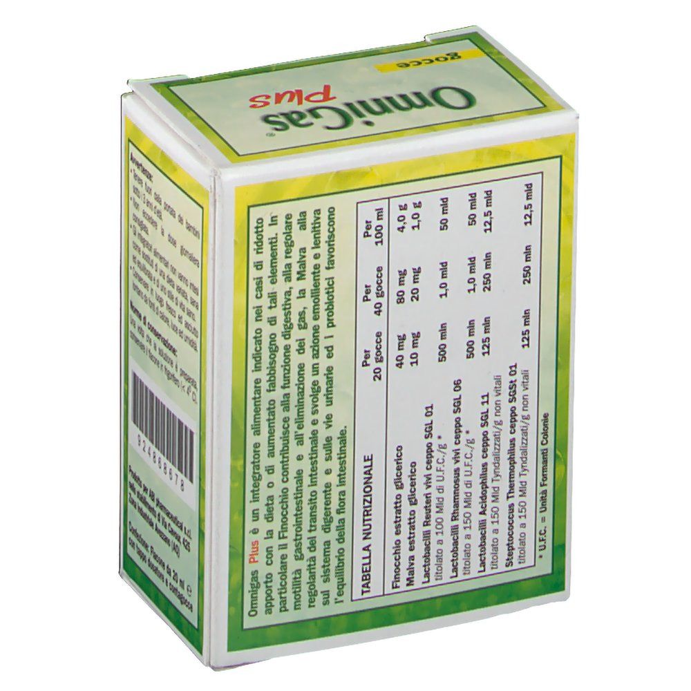 Seite der OmniGas Plus Gocce-Verpackung. Text mit Nährwertangaben. Barcode und Herstellerinformationen.