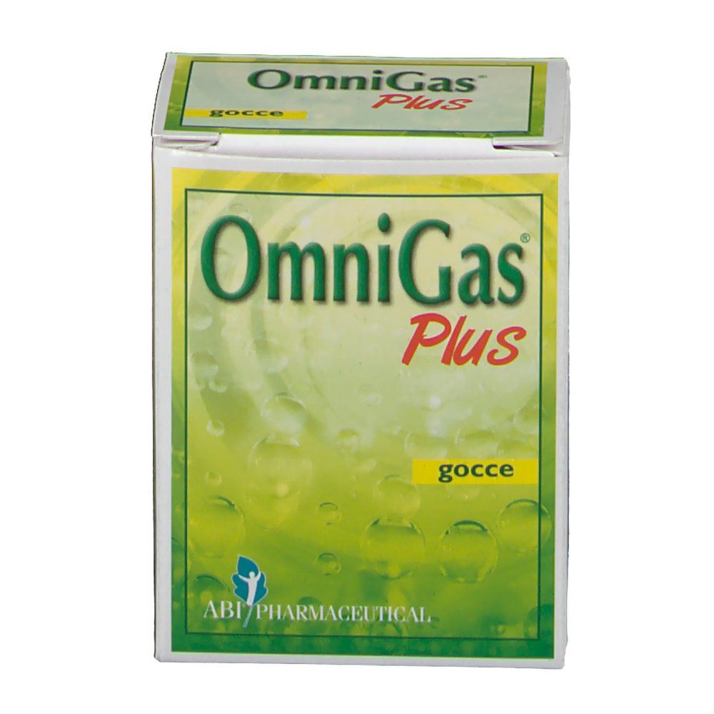 Vorderansicht der OmniGas Plus Gocce-Verpackung. Grün-weiße Schachtel mit Produktnamen und Logo. ABI Pharmaceutical-Logo unten.