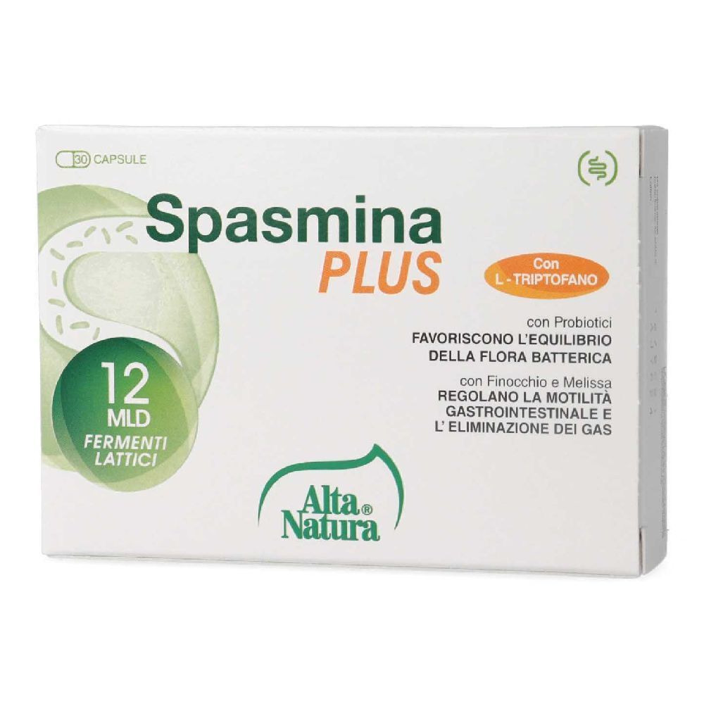 Boîte blanche avec inscription Spasmina PLUS, 12 MLD Fermenti Lattici et logo Alta Natura. Contient des gélules.