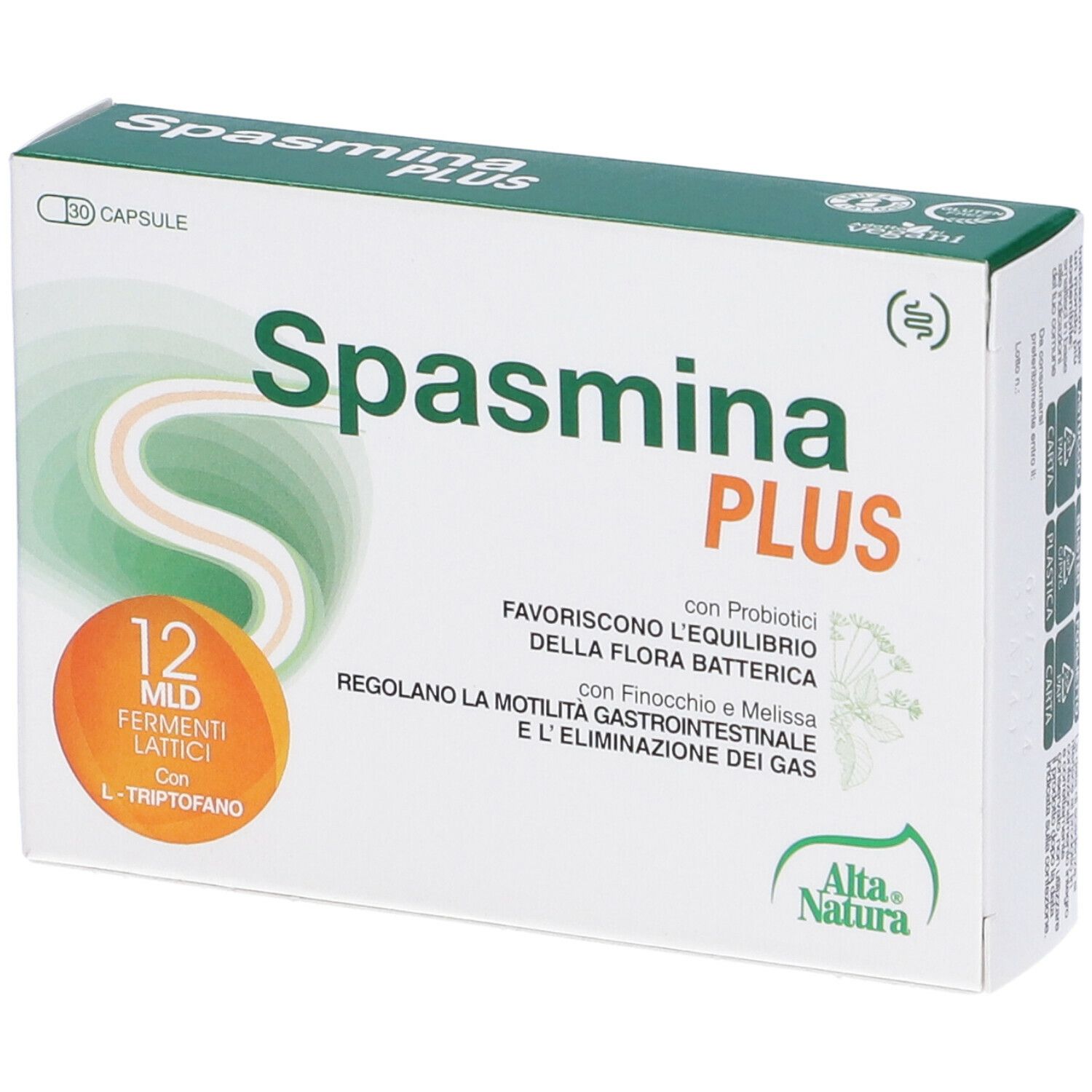 Boîte Spasmina PLUS, blanche avec des accents verts et oranges. Contient 30 gélules. Marque Alta Natura.