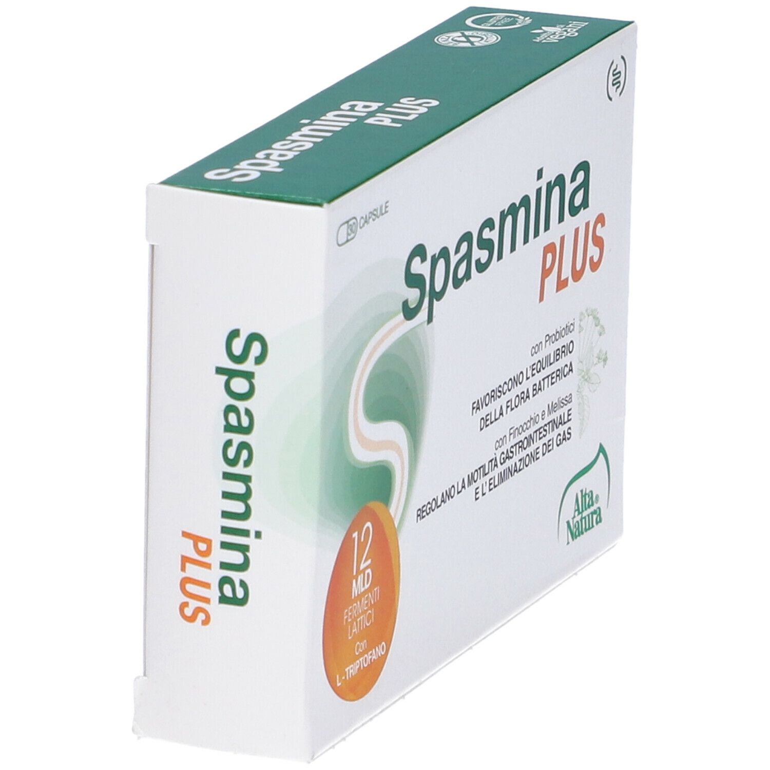 Boîte Spasmina PLUS, blanche avec des accents verts et oranges. Contient 30 gélules. Marque Alta Natura.