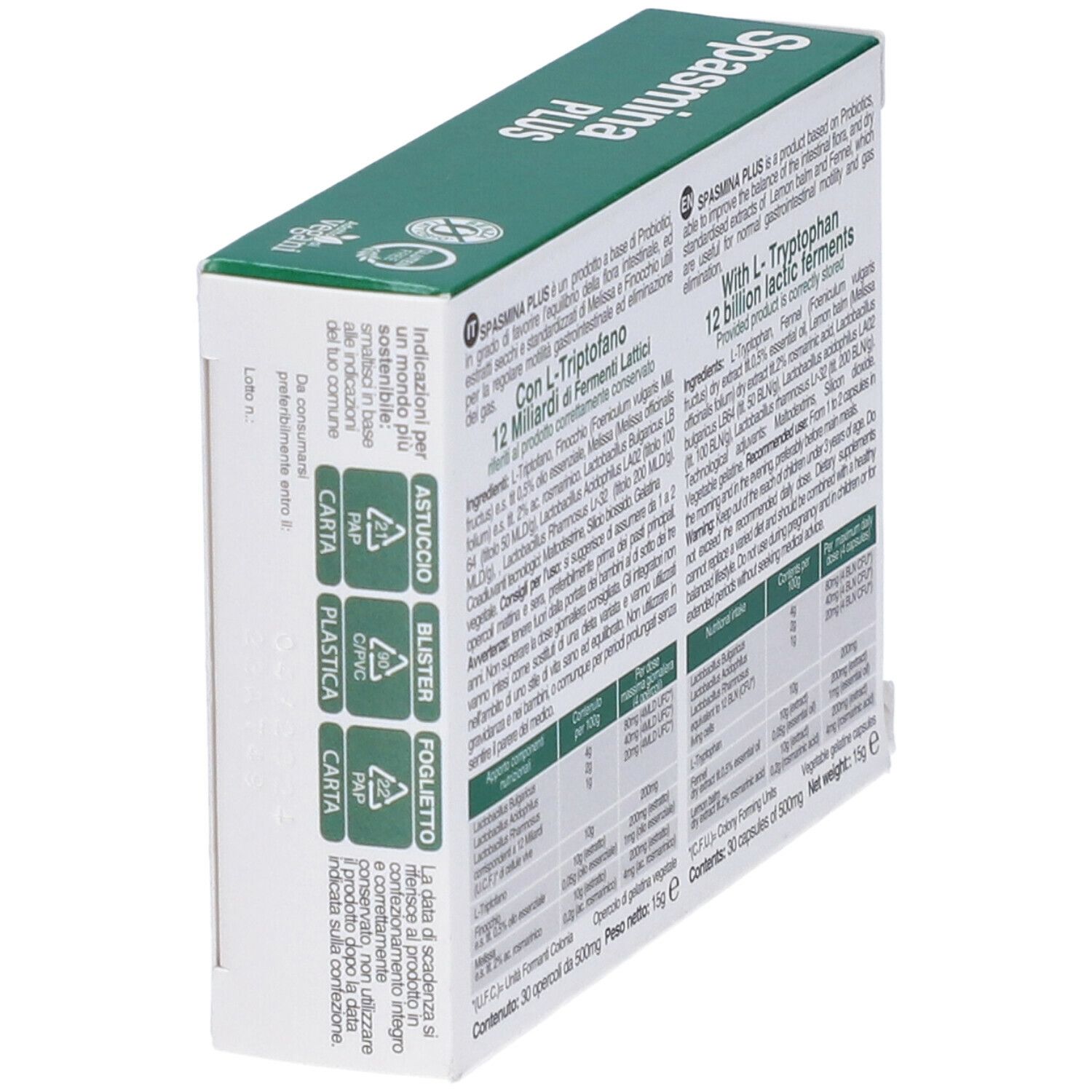 Dos de la boîte Spasmina PLUS. Contient des informations sur les ingrédients et les valeurs nutritionnelles. Marque Alta Natura.