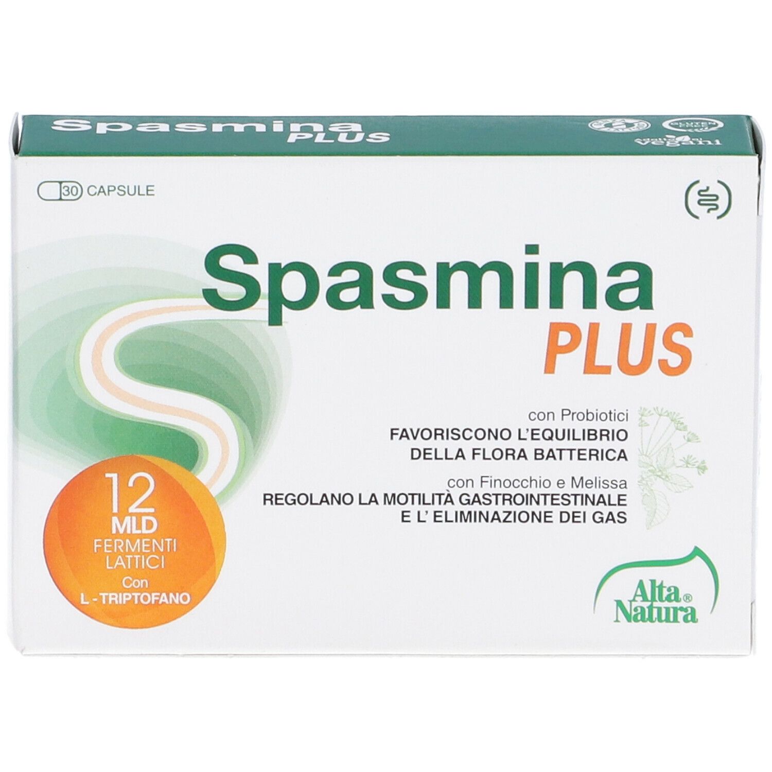 Boîte Spasmina PLUS, blanche avec des accents verts et oranges. Contient 30 gélules. Marque Alta Natura.