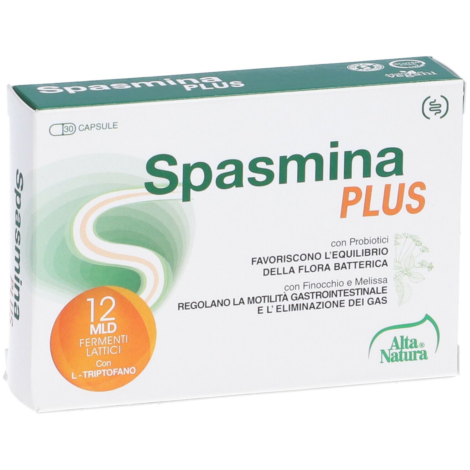 Boîte Spasmina PLUS, blanche avec des accents verts et oranges. Contient 30 gélules. Marque Alta Natura.