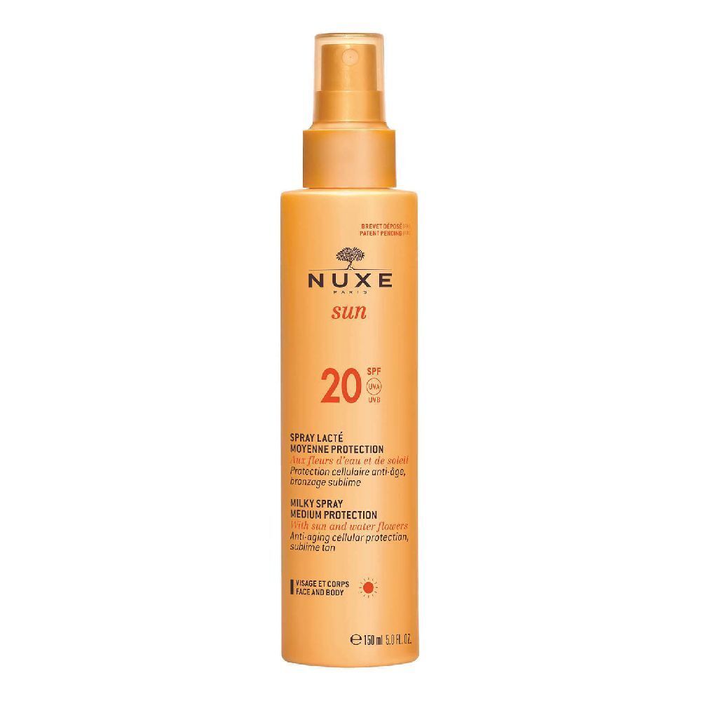 Beige Sprühflasche mit goldfarbenem Sprühkopf. Aufschrift: Nuxe Sun, SPF 20. Text in Französisch und Englisch.