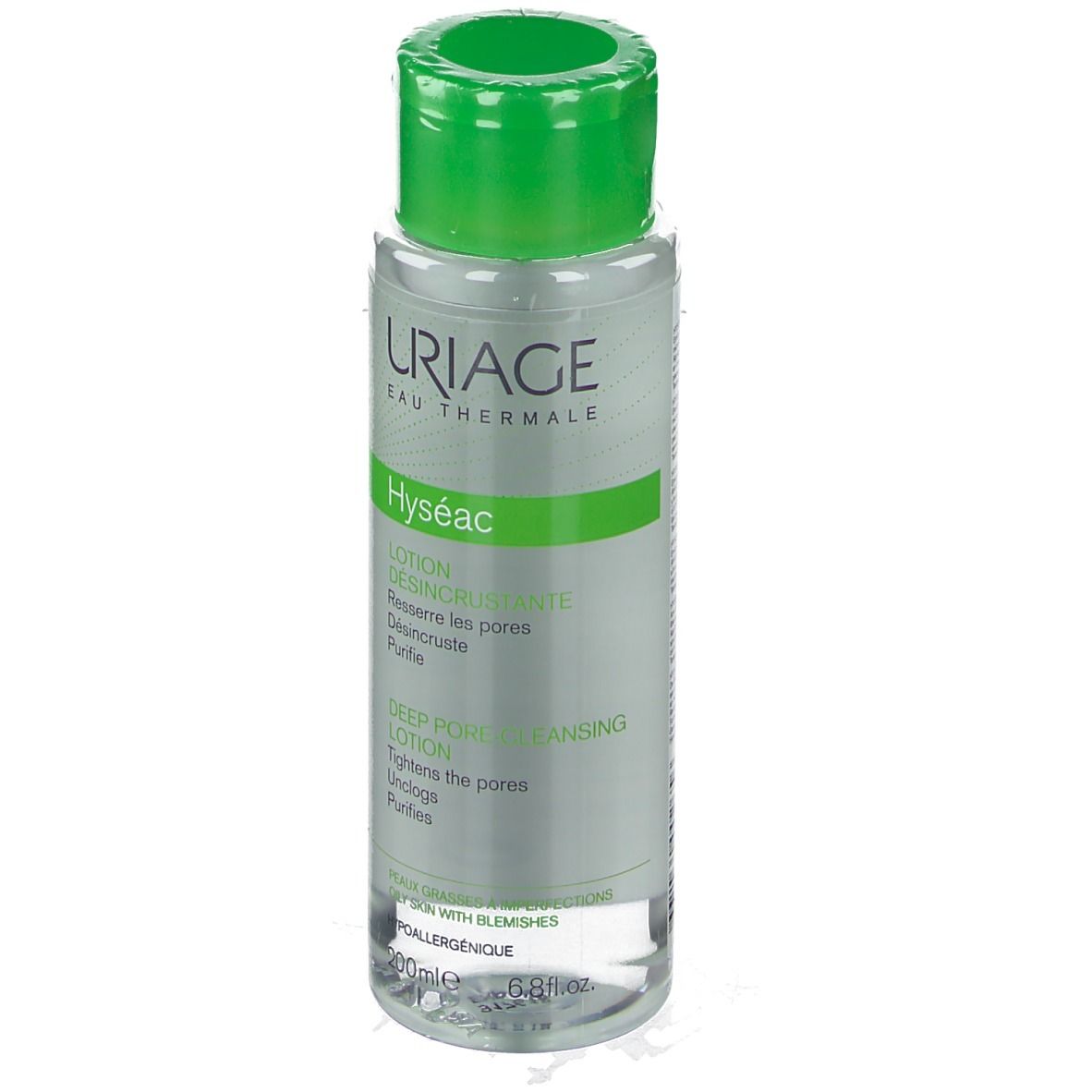 URIAGE Hyséac Reinigende Dermo-Lotion. Flasche mit grünem Deckel. Produktetikett mit Text. 200ml.
