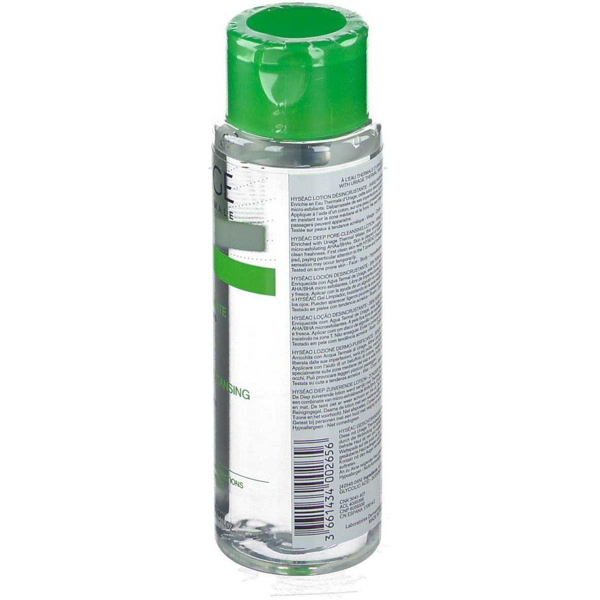 URIAGE Hyséac Reinigende Dermo-Lotion. Rückseite der Flasche. Text auf Etikett. Grüner Deckel.