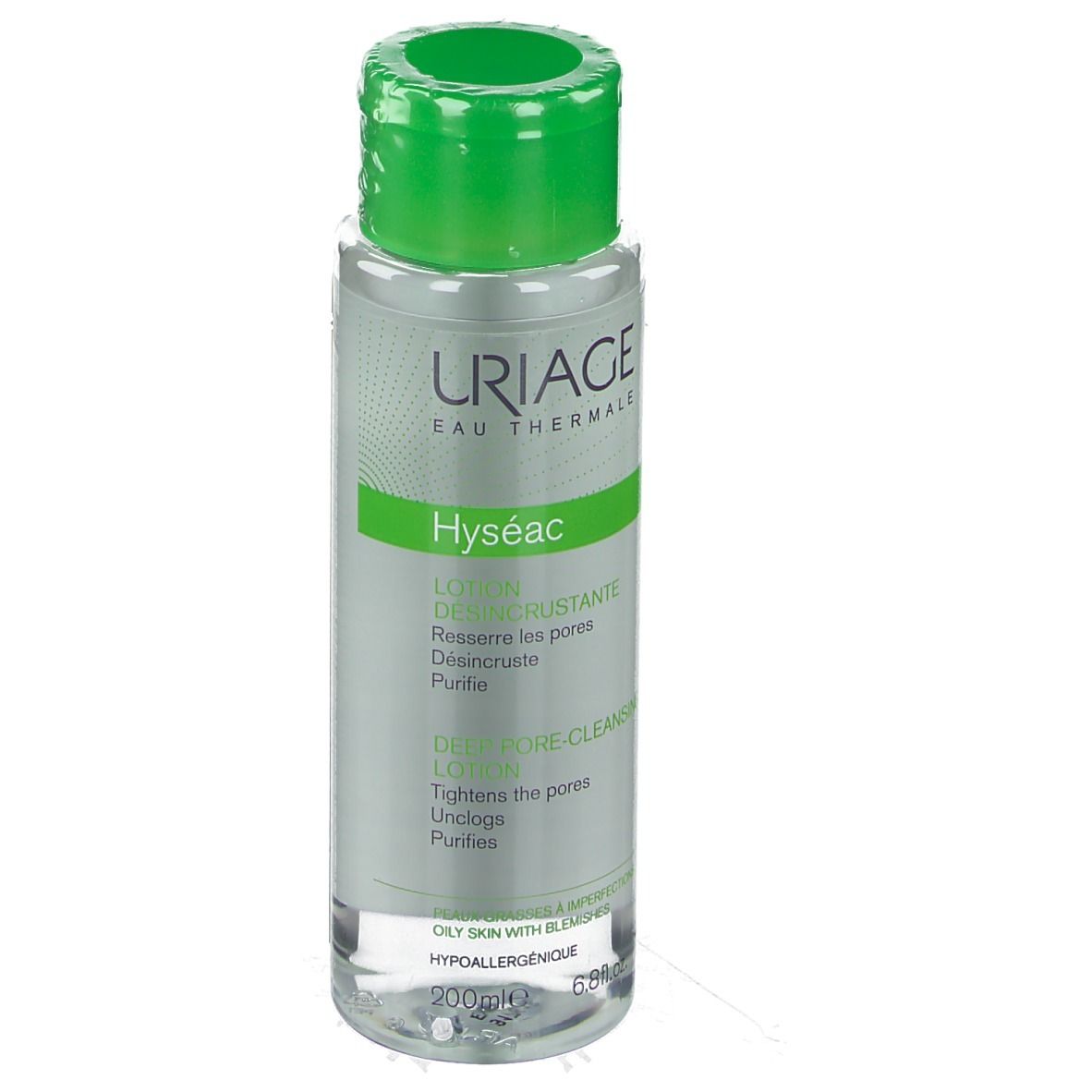URIAGE Hyséac Reinigende Dermo-Lotion. Flasche mit grünem Deckel. Produktetikett mit Text. 200ml.