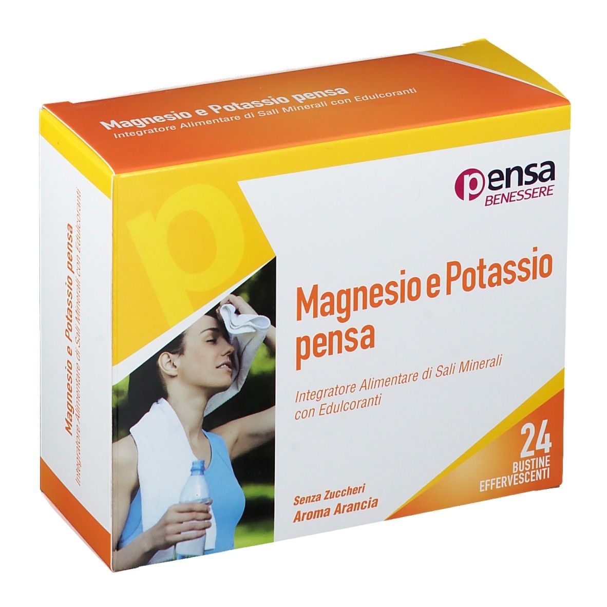 Boîte de Magnesio e Potassio pensa. Design orange et blanc, nom du produit, femme avec serviette et bouteille.