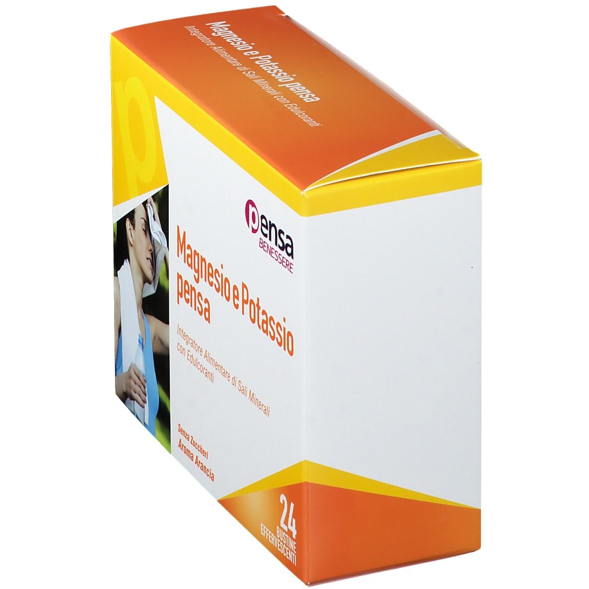 Vue oblique de la boîte de Magnesio e Potassio pensa. Design orange et blanc, nom du produit, 24 sachets.