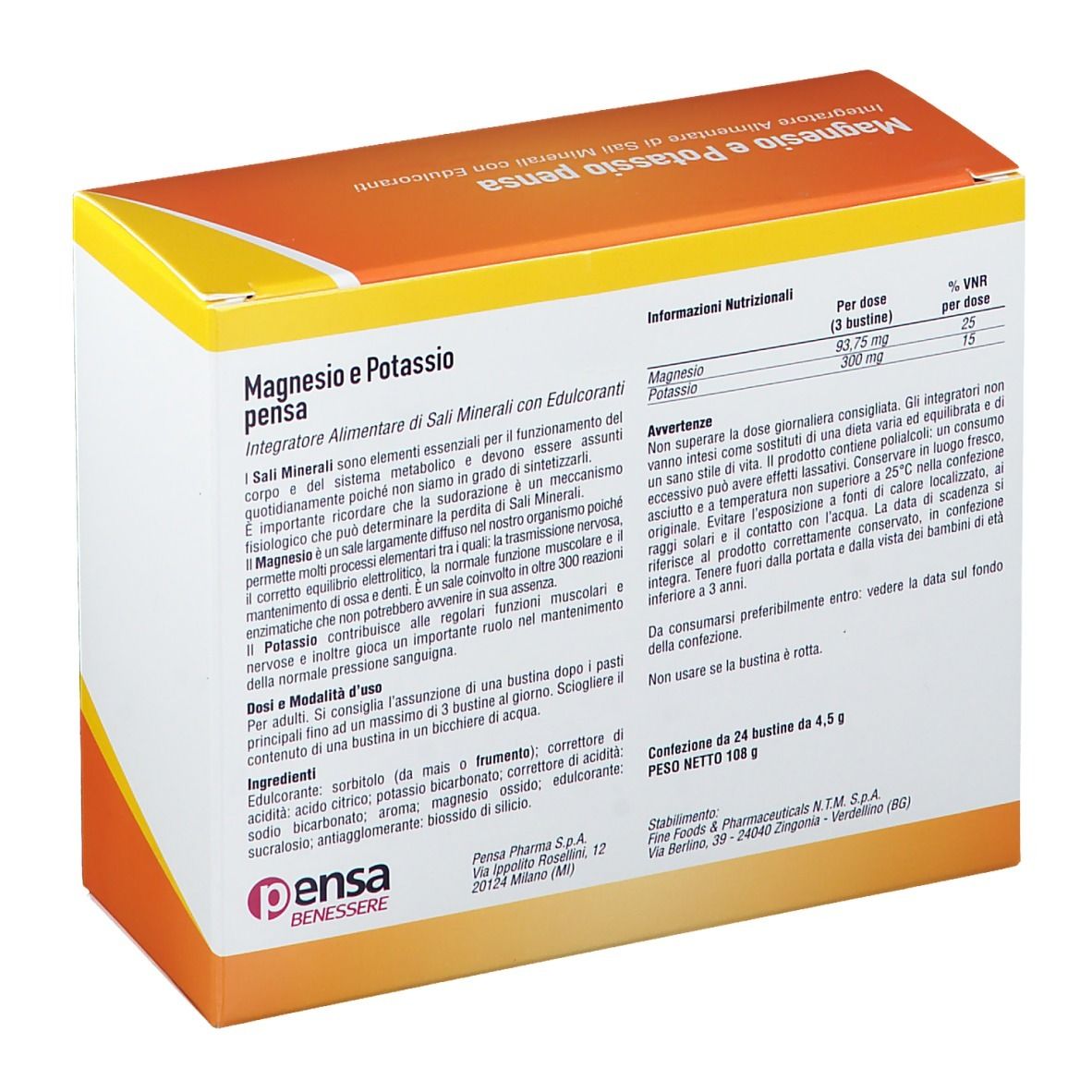 Dos de la boîte de Magnesio e Potassio pensa. Informations textuelles, valeurs nutritionnelles, ingrédients, Pensa.