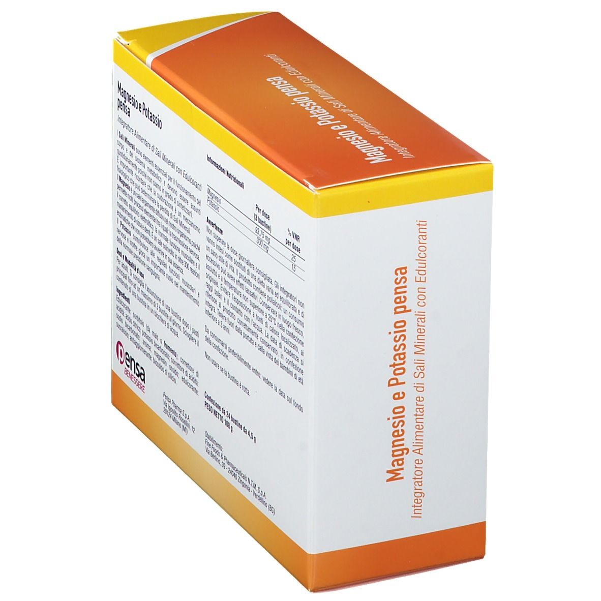 Vue oblique du dos de la boîte de Magnesio e Potassio pensa. Texte, valeurs nutritionnelles, Pensa.