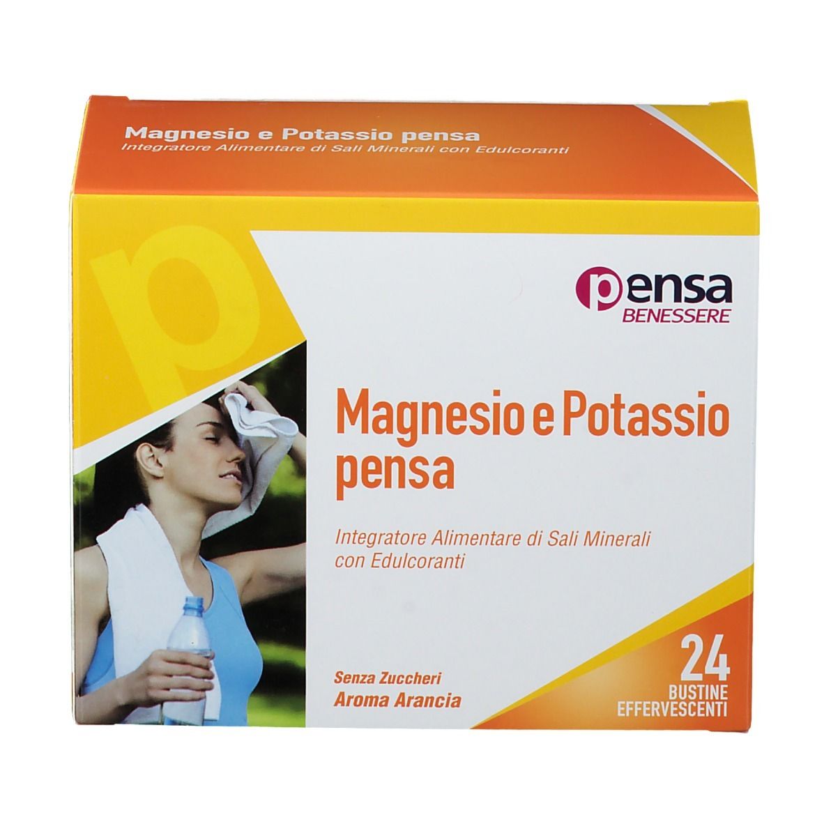 Boîte de Magnesio e Potassio pensa. Design orange et blanc, nom du produit, femme avec serviette et bouteille.