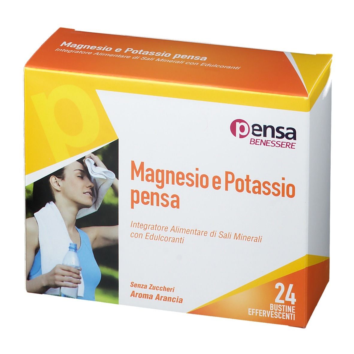Boîte de Magnesio e Potassio pensa. Design orange et blanc, nom du produit, femme avec serviette et bouteille.