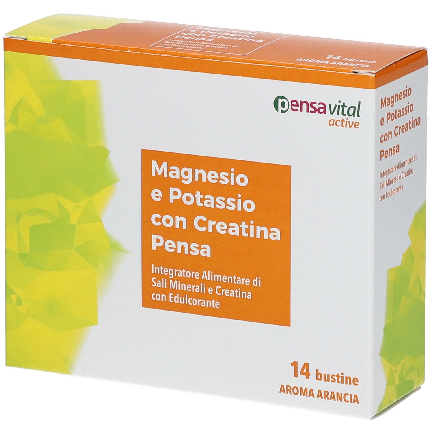 Boîte de Pensa Benessere Magnesio e Potassio con Creatina. 14 sachets, arôme orange. Boîte blanche et orange avec informations.