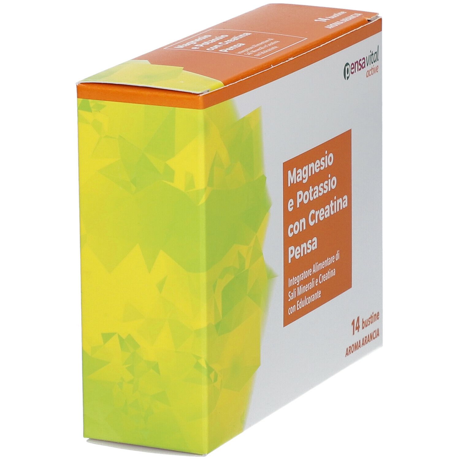 Boîte de Pensa Benessere Magnesio e Potassio con Creatina. 14 sachets, arôme orange. Boîte en biais, fond jaune-vert.