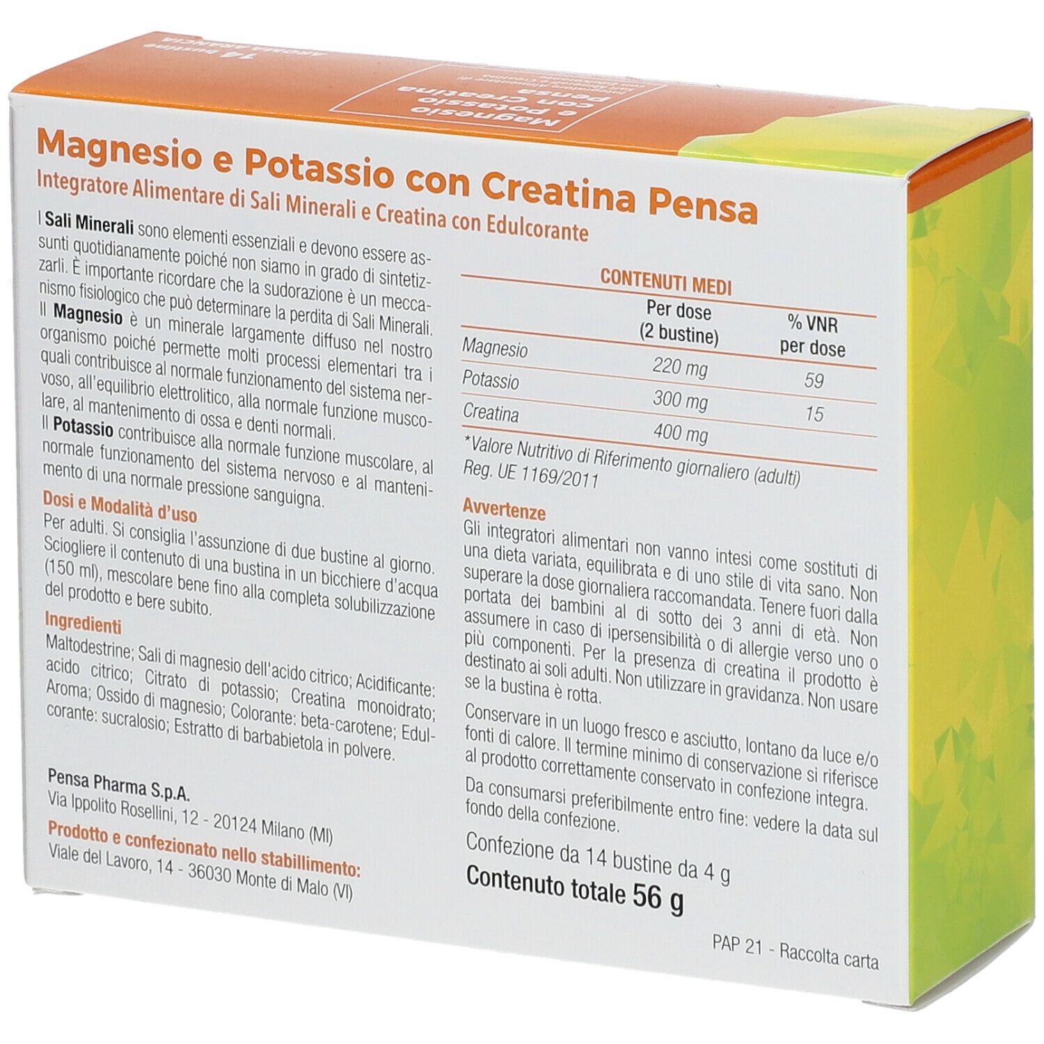 Dos de la boîte Pensa Benessere Magnesio e Potassio con Creatina. Contient informations nutritionnelles et ingrédients.