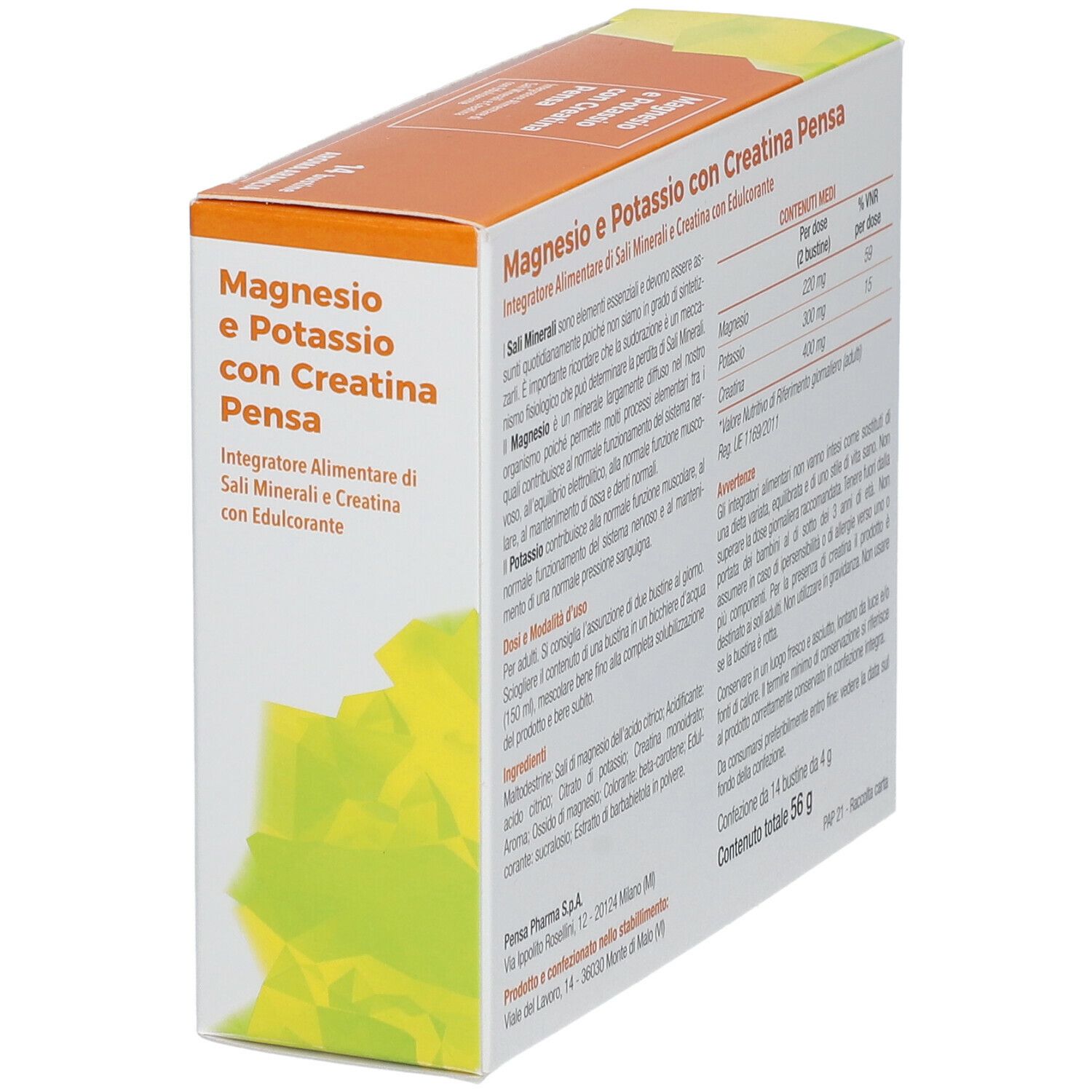 Boîte de Pensa Benessere Magnesio e Potassio con Creatina. 14 sachets, arôme orange. Boîte en biais, fond jaune-vert.