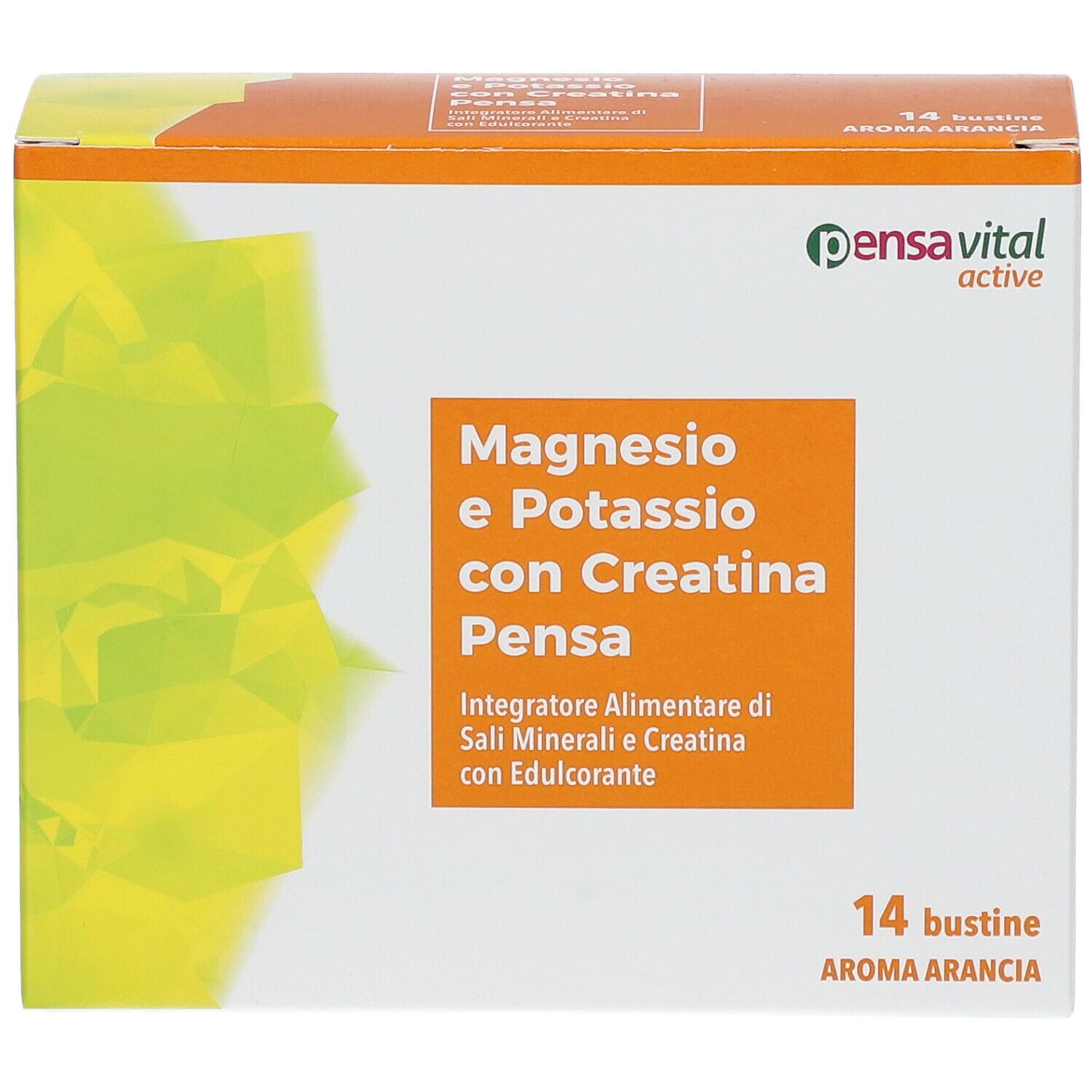 Boîte de Pensa Benessere Magnesio e Potassio con Creatina. 14 sachets, arôme orange. Boîte blanche et orange avec informations.