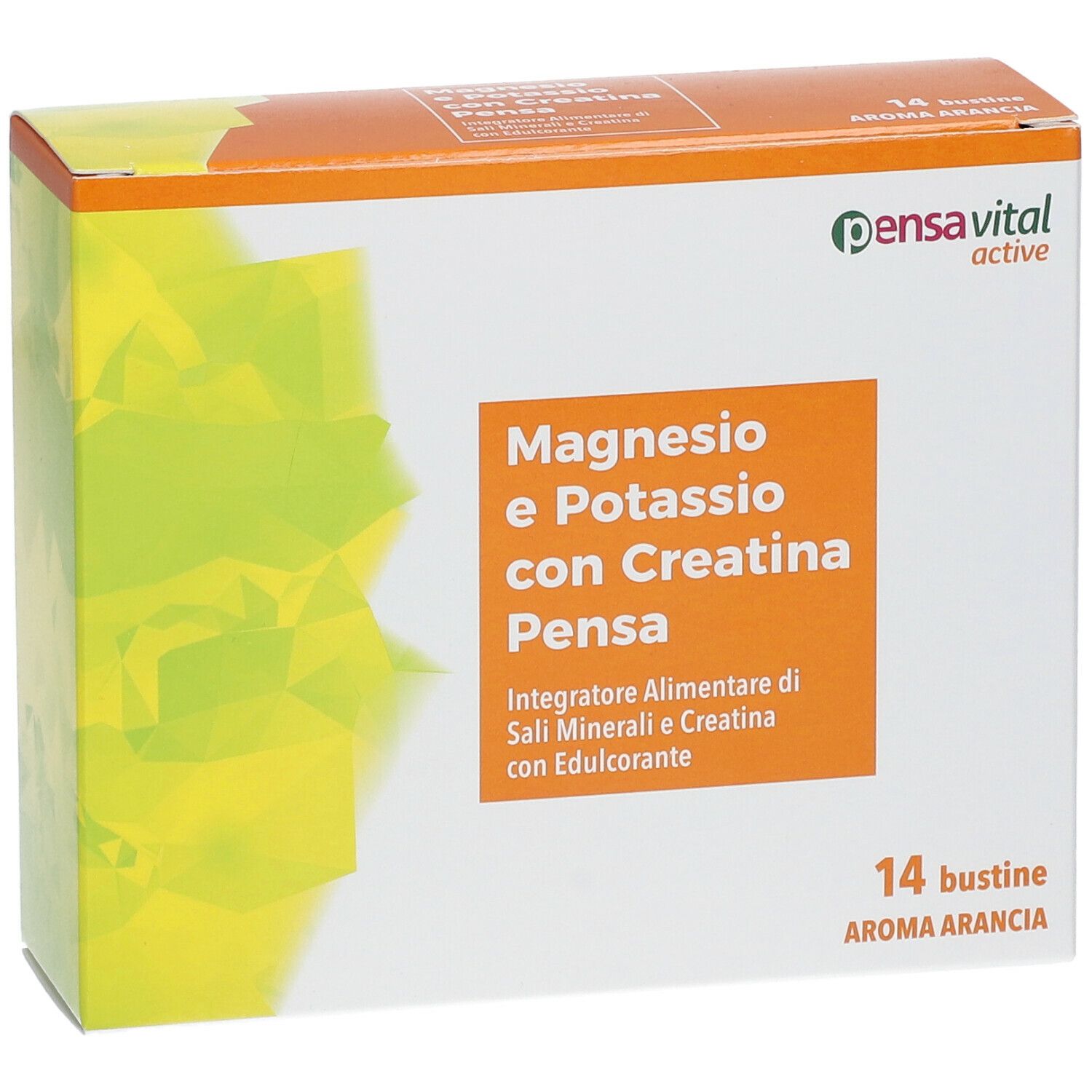 Boîte de Pensa Benessere Magnesio e Potassio con Creatina. 14 sachets, arôme orange. Boîte en biais, fond jaune-vert.