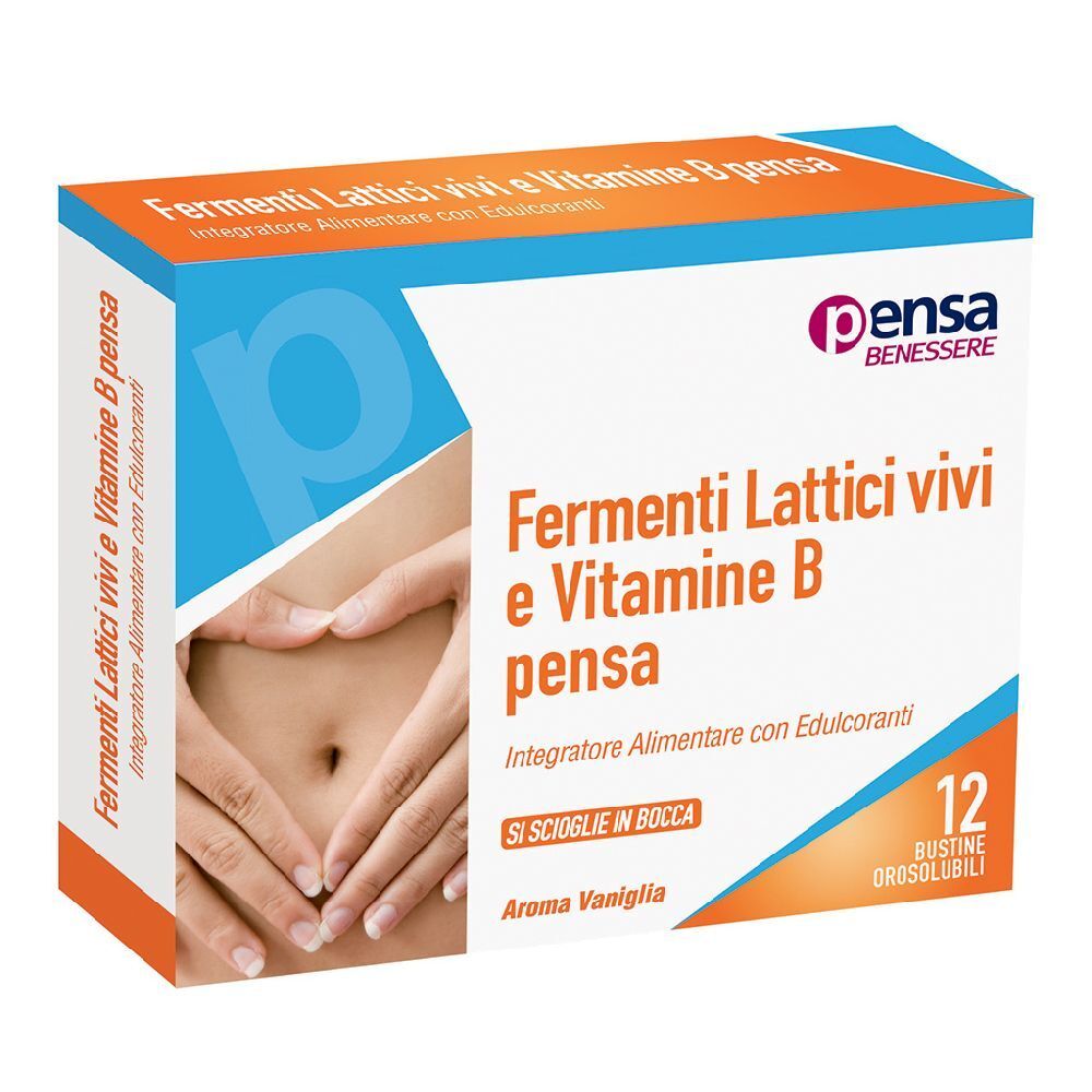 Boîte de Pensa BENESSERE Fermenti Lattici Vivi e Vitamine B. 12 sachets. Inscription : 'Si scioglie in bocca'.