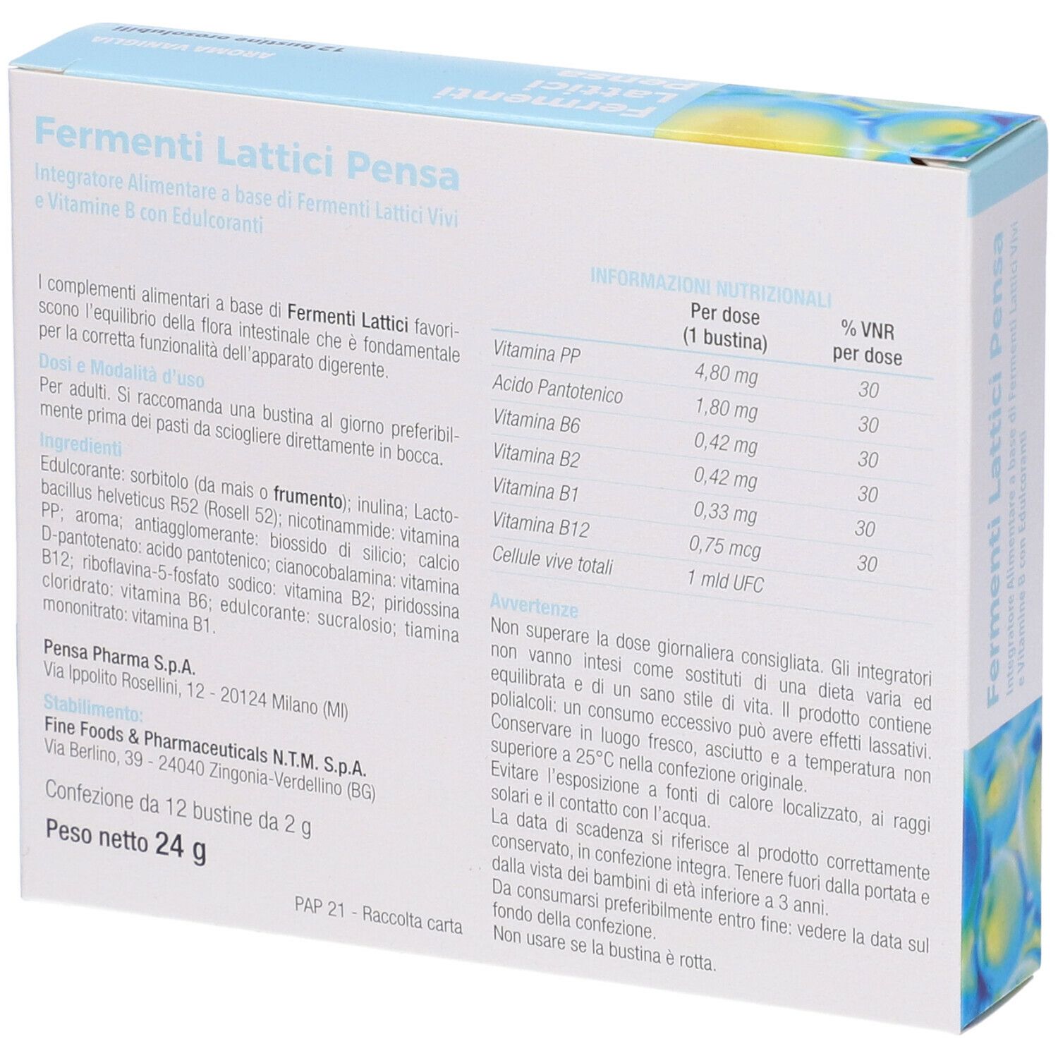 Dos de la boîte de Pensa Fermenti Lattici. Contient des informations sur les ingrédients et les valeurs nutritionnelles.