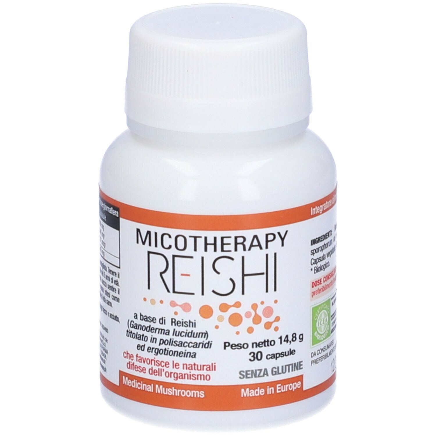 Flacon blanc de gélules. Inscription : Micotherapy Reishi, 30 gélules, sans gluten. Accents orange.