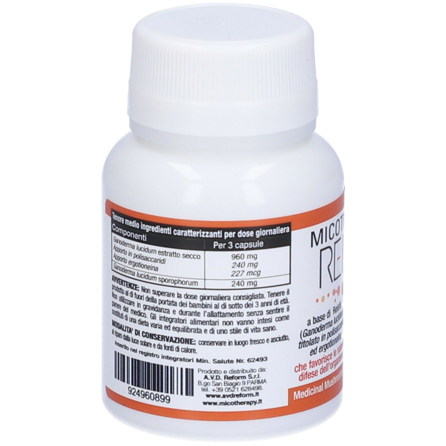 Dos d'un flacon blanc de gélules. Texte avec ingrédients et dosage. Code-barres et informations fabricant.